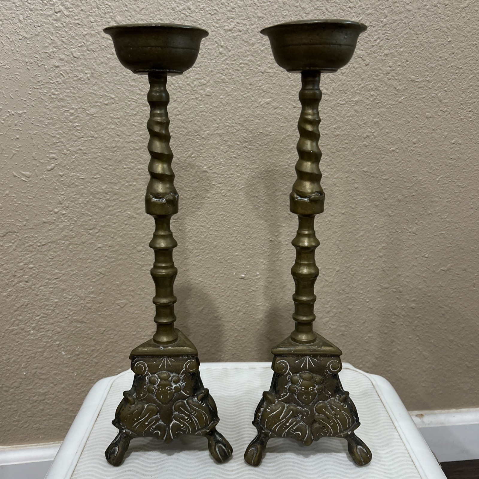 VTG Brass Candle Holders Set Lion Footed 14” Tall Heavy Altar