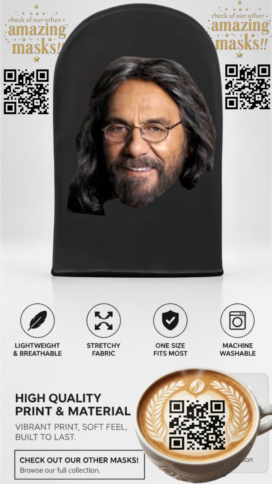 🔥 Tommy Chong Mesh Face Mask Costume Halloween Party Pothead Stoner Weed Cheech