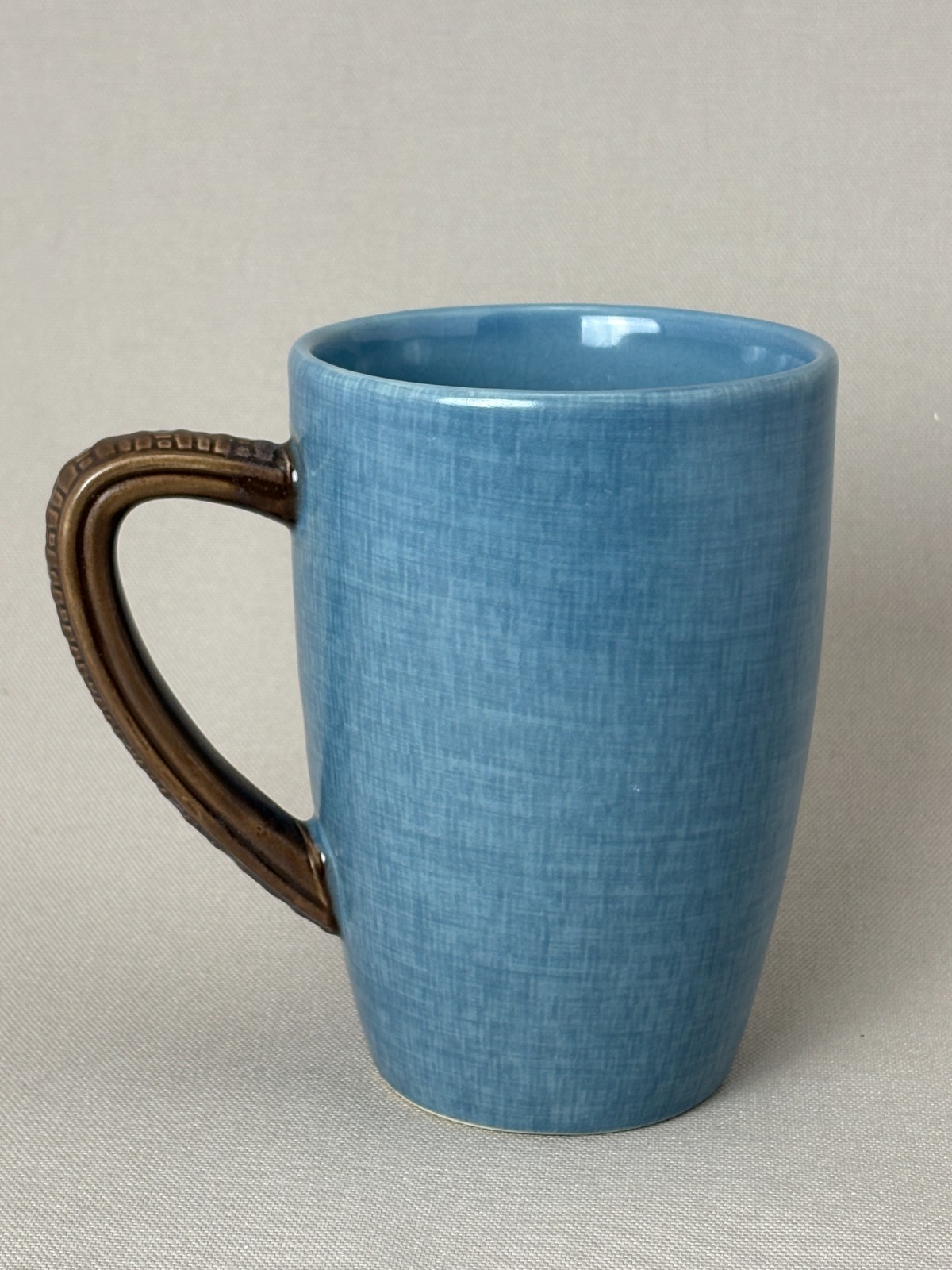 Nautica Coffee Mug Blue Textured Crosshatch Brown Embossed Handle Stoneware Cup