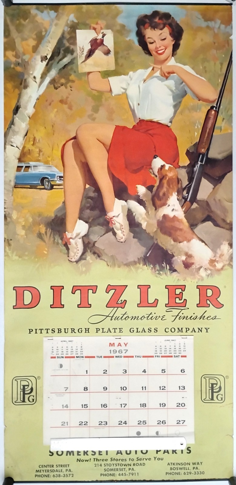 VINTAGE 22x46 GIL ELVGREN 1967 PINUP GIRL & REMINGTON SHOTGUN CALENDAR ART PRINT
