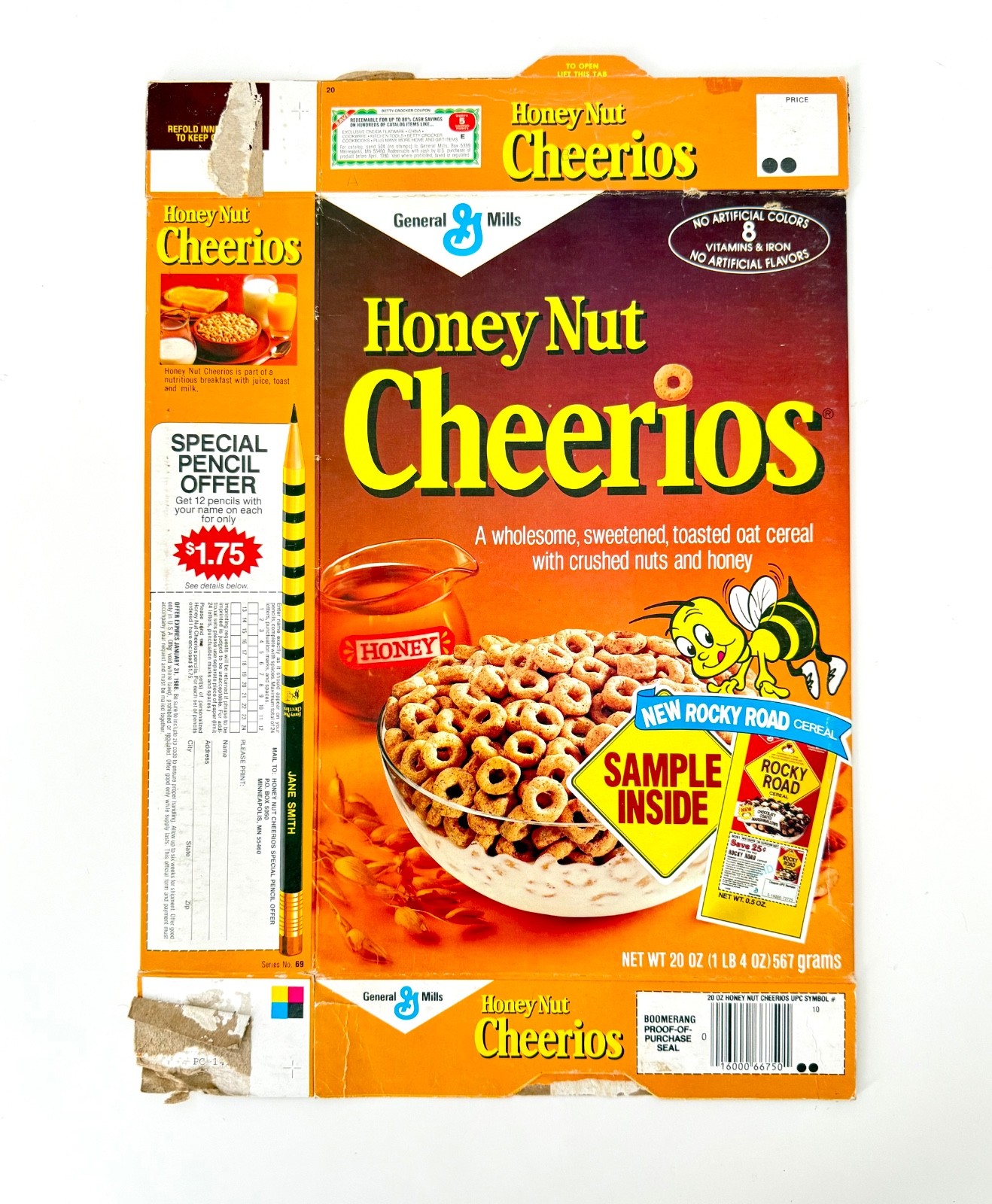 Vintage 1986 General Mills Honey Nut Cheerios Cereal Box NEW Rocky Road Sample