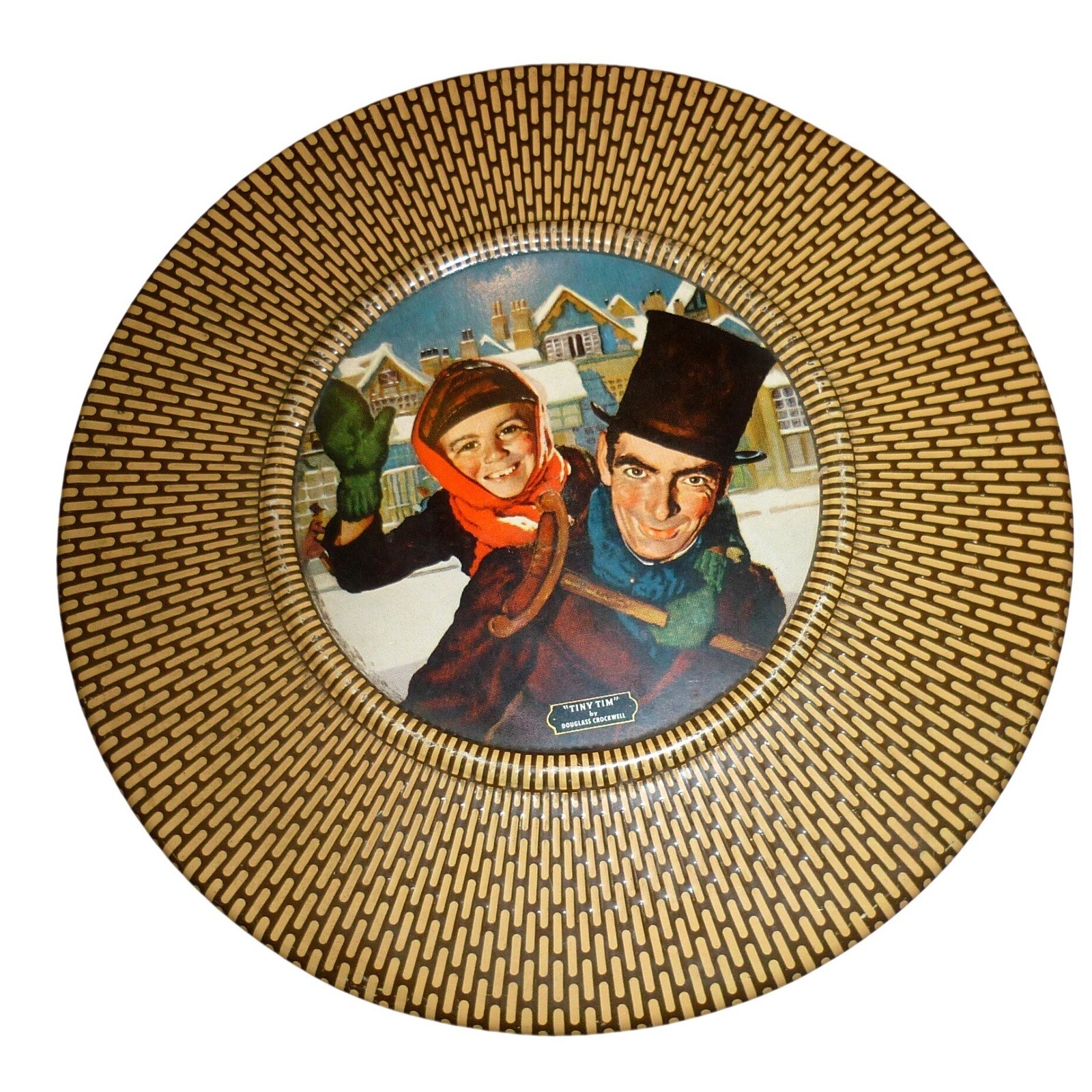 Vintage Tiny Tim Douglass Crockwell Christmas Tin Round 8 Inch Holiday Decor