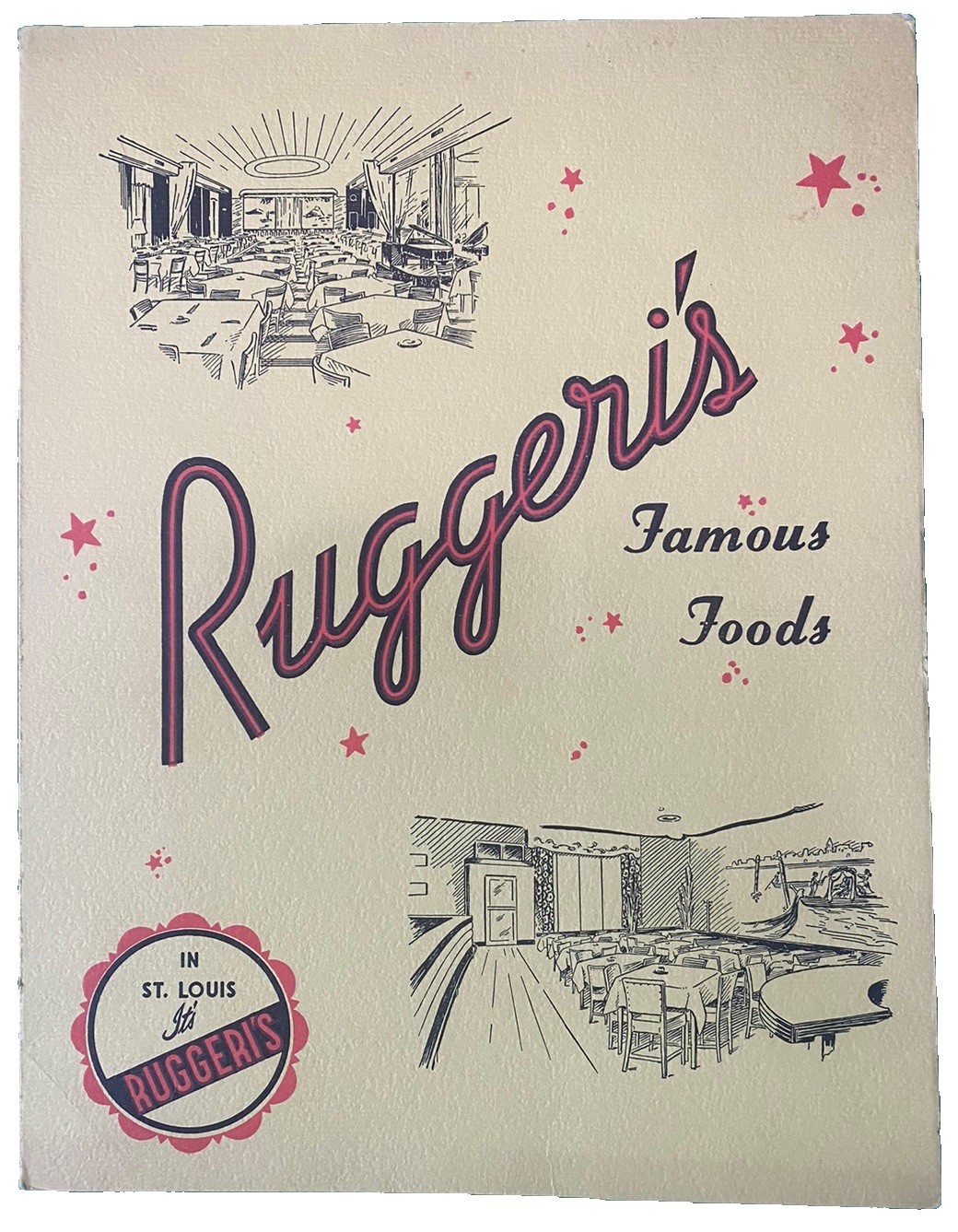 Vintage c1950s Ruggeri's Famous Foods Restaurant Menu St Louis MO, Yogi Berra