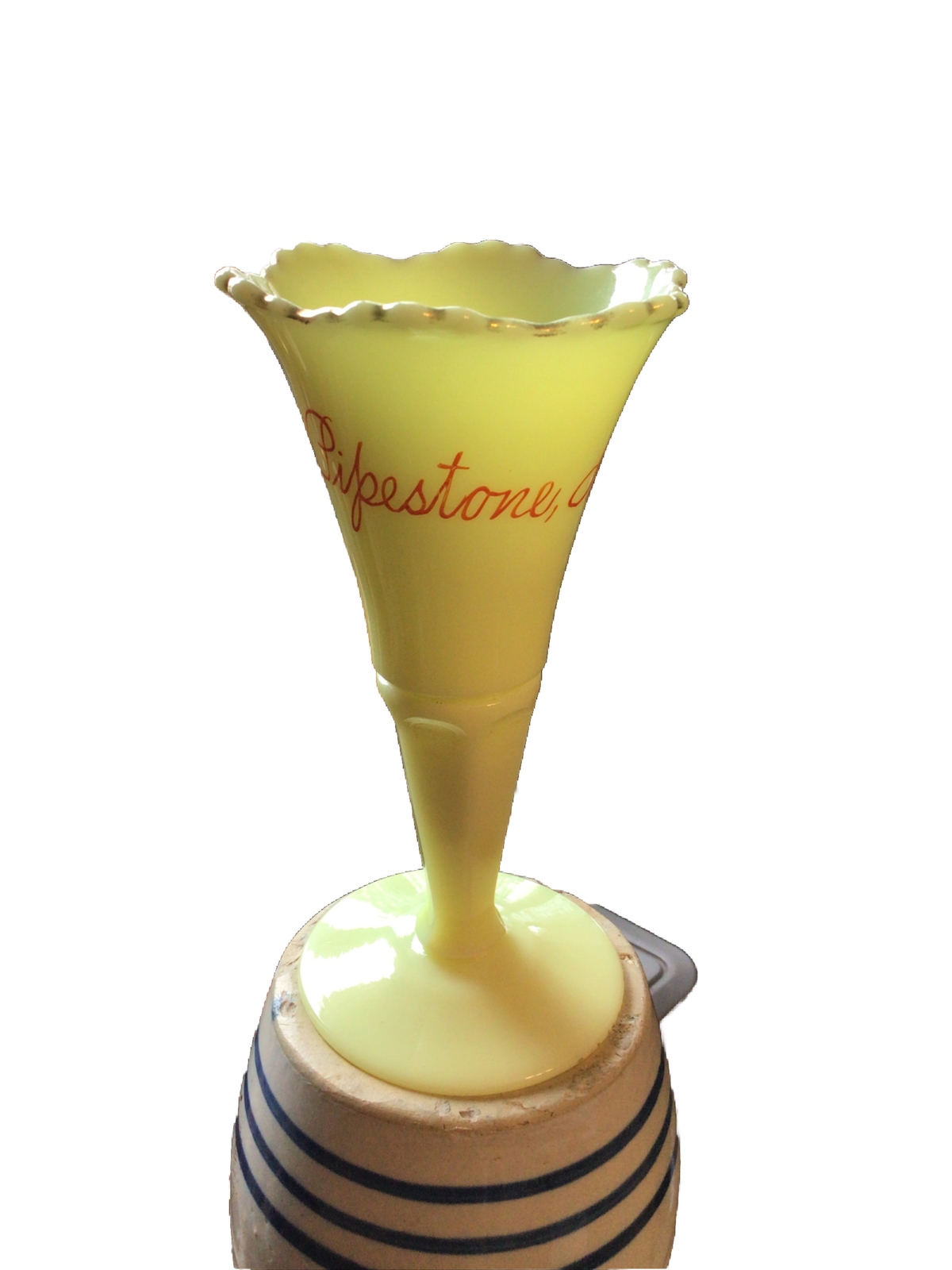 CUSTARD GLASS VASE SOUVENIR PIPESTONE MN MINN 1910’s MINNESOTA OLD BEAUTY
