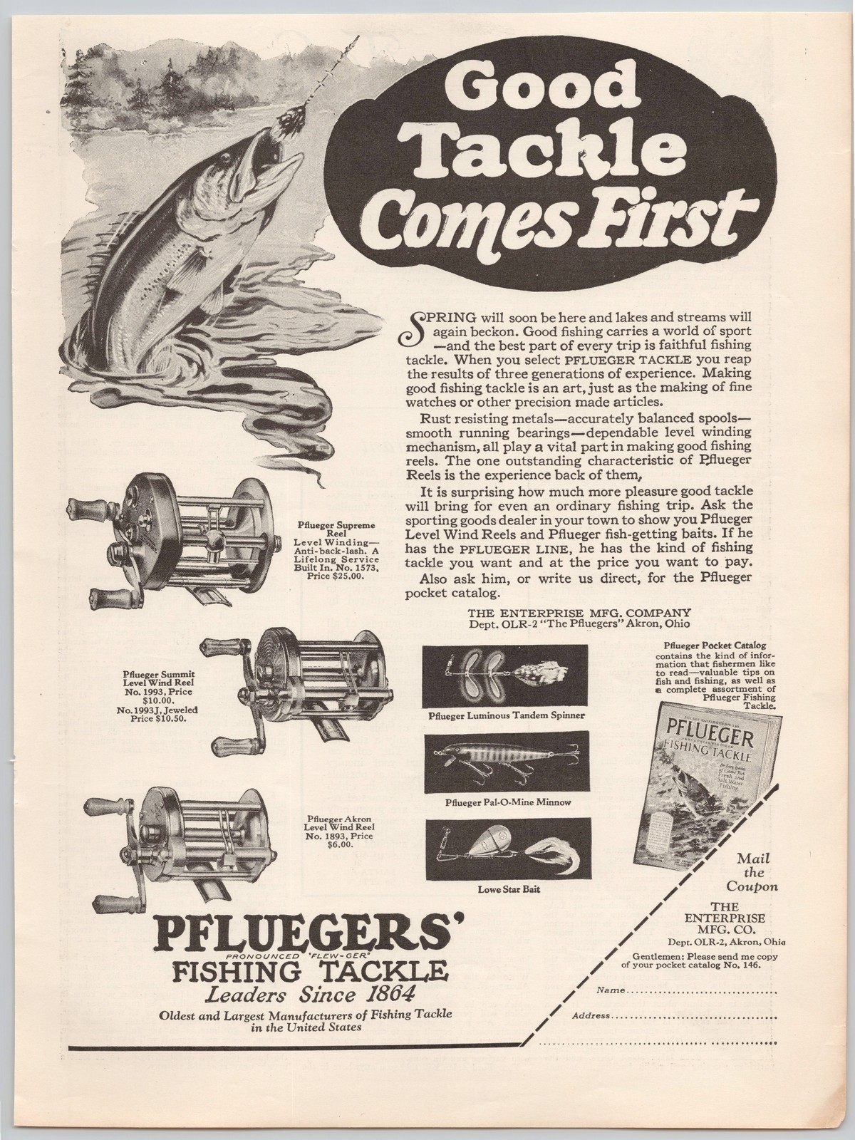 Pflueger Fishing Tackle Reel Akron Ohio Enterprise 1864 1928 Print Ad