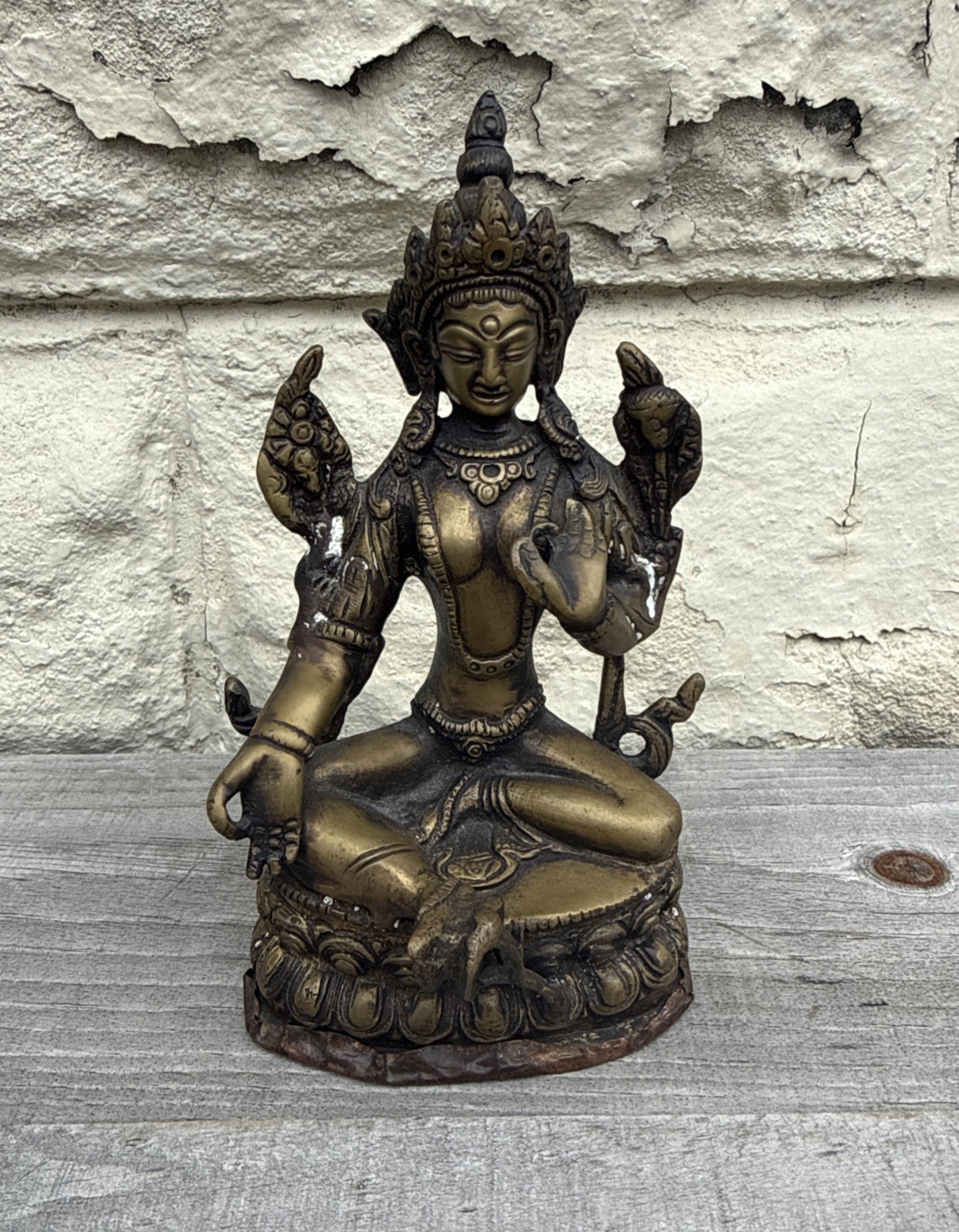 Vintage Brass Green Tara Statue Indian Goddess Seated Lotus Buddhist Figurine 6”