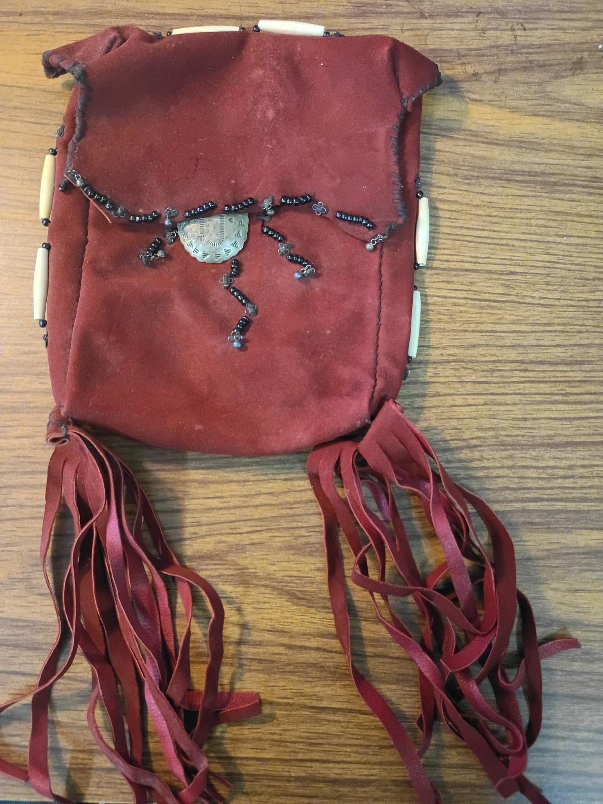 Vtg Taxco 925 Sterling Silver Suede Medicine Pouch Bag Black Onyx Beads Boho 501
