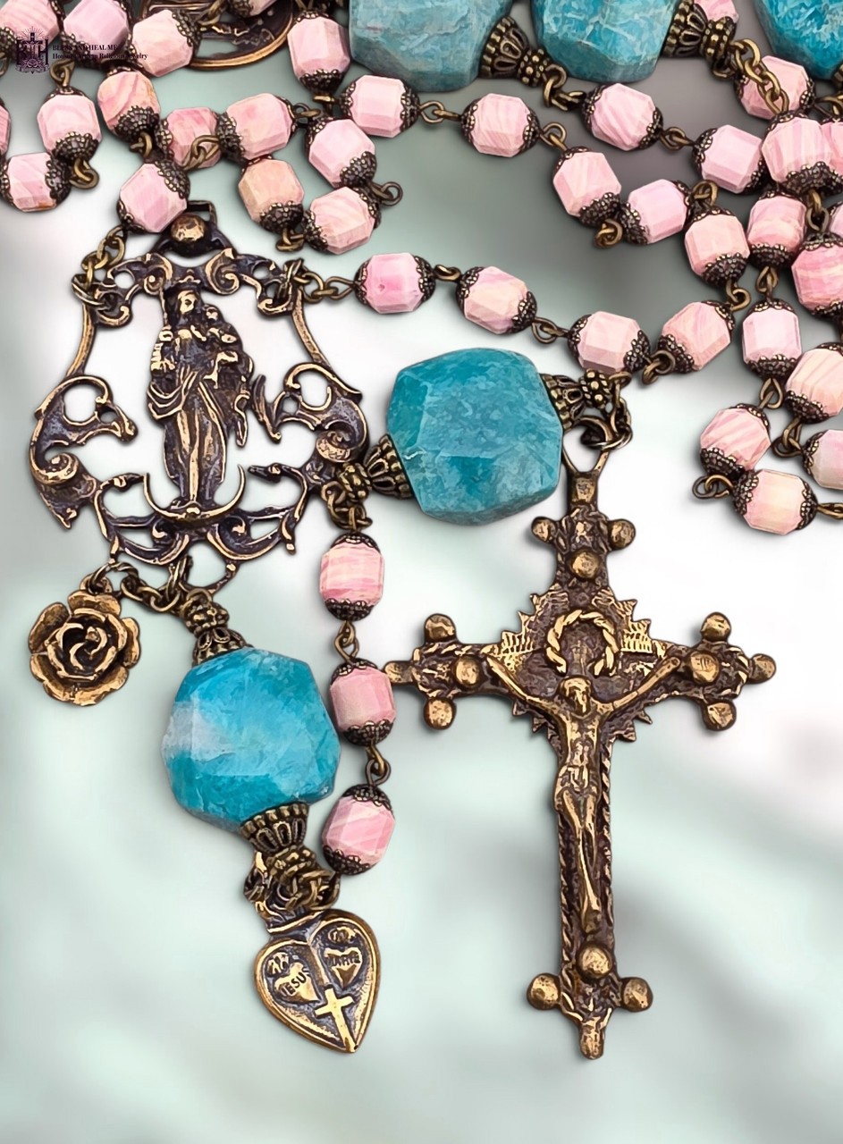 Crowned Mother Mary -The Life of Mary Rosary - Heirloom Bronze ,Pink Conch Shell