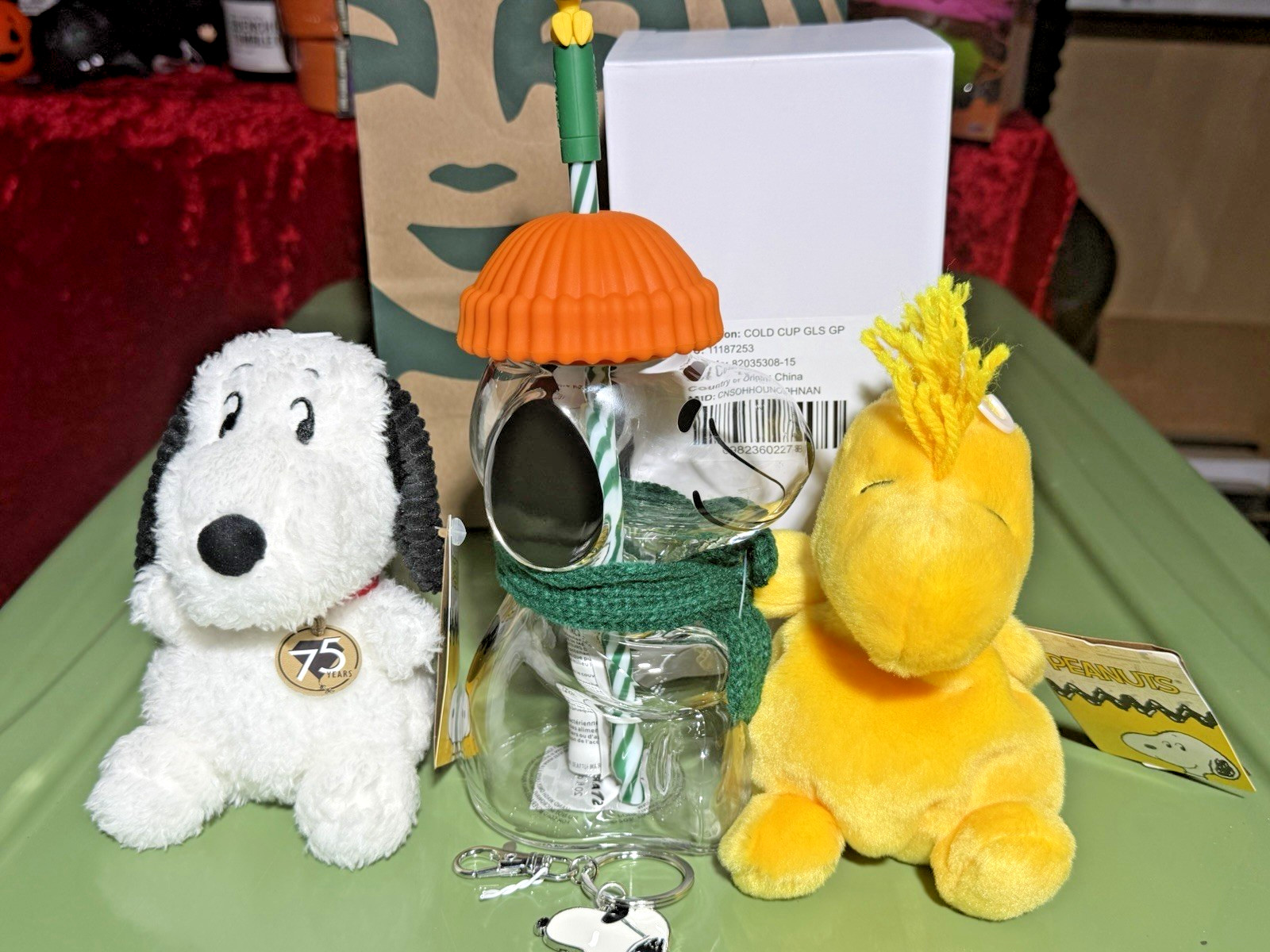 Starbucks x Peanuts Snoopy Bearista Glass Cup and 3 piece   accessory set 