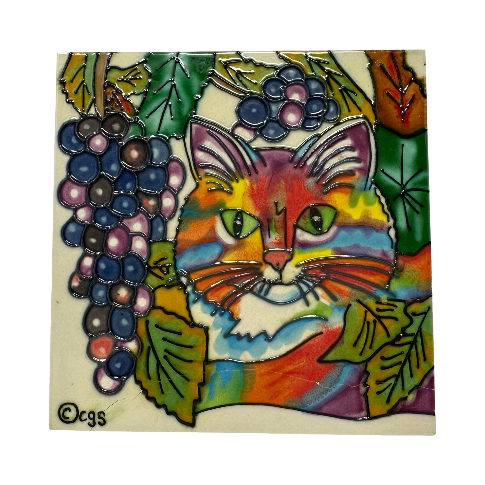 Vintage Claudia Sanchez Psychedelic Cat Ceramic Tile Wall Art Trivet Signed FLAW