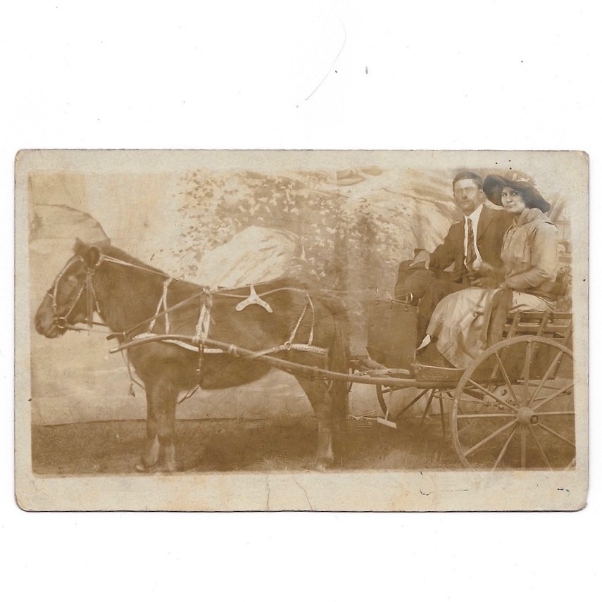 Antique AZO RPPC Real Photo Postcard Horse & Buggy Man Woman Suit Dress Hat