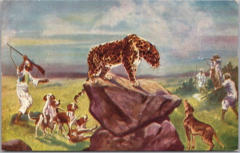 c1910s Artist-Signed LUDWIG FROMME Postcard AFRICA - Leopard / Dogs & Hunters