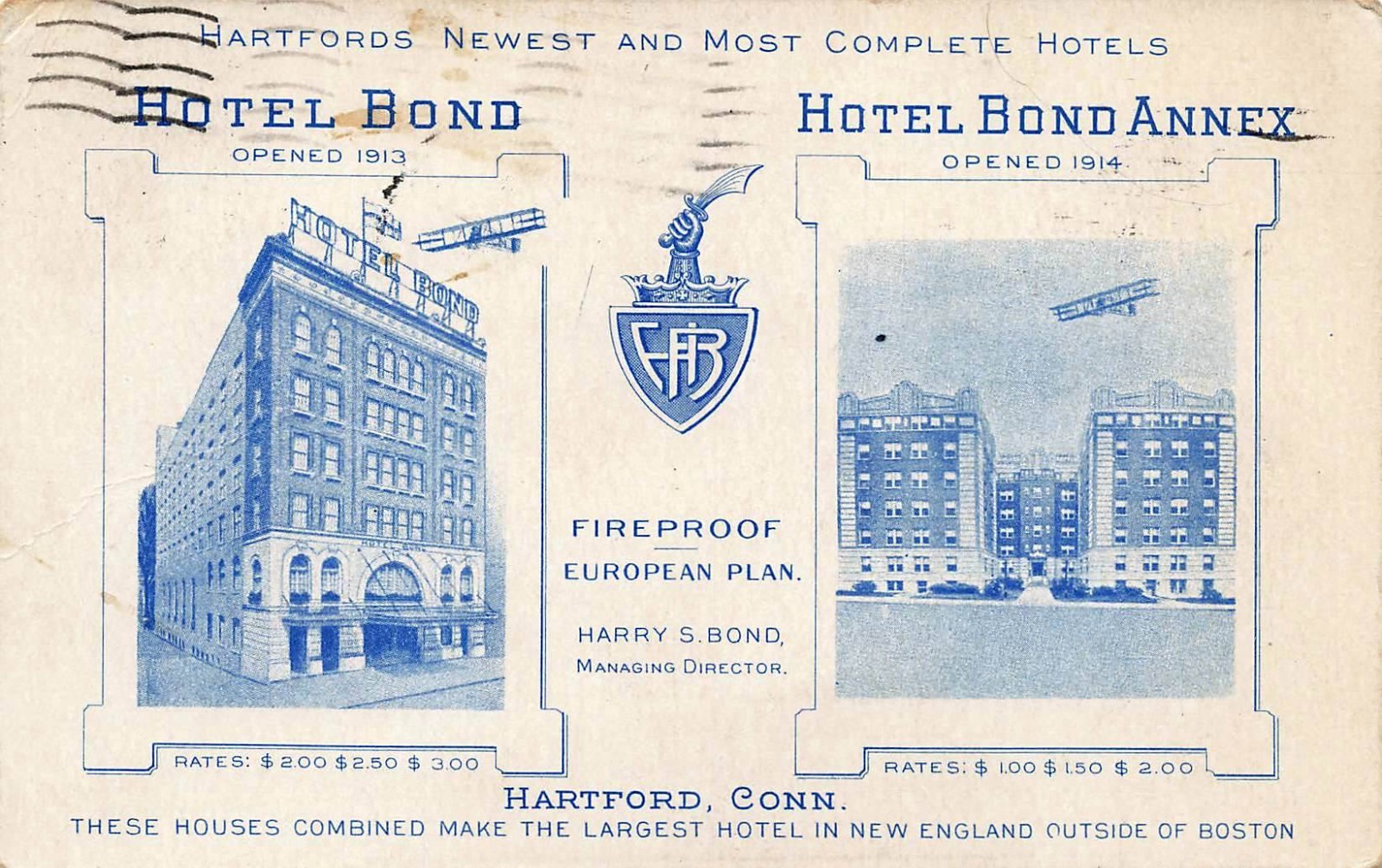1916 CONNECTICUT POSTCARD: VIEW OF HOTEL BOND & ANNEX, HARTFORD, CT