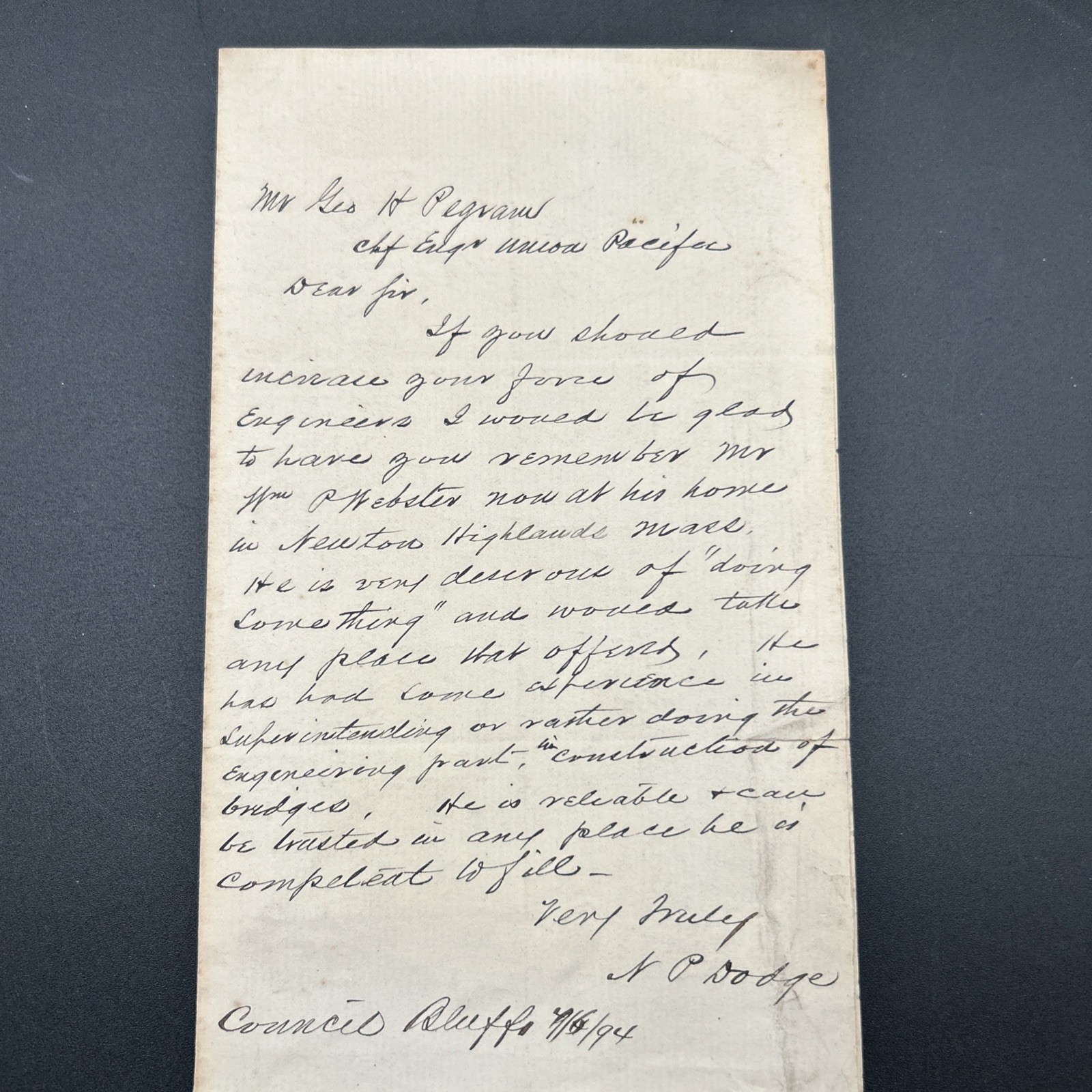 1894 ALS N.p.Dodge Council Bluffs IA Union Pacific Chief Engineers Brother