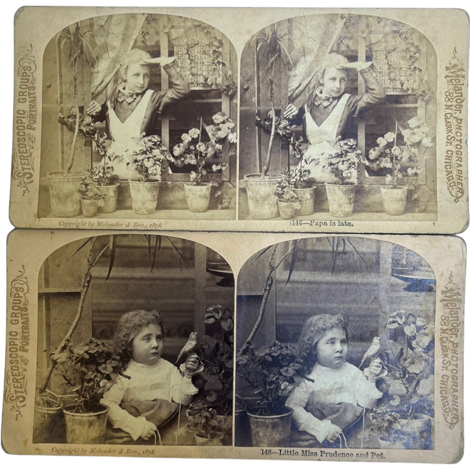 Antique Stereoscope Stereoscopic Card Melander & Bro. Chicago #146 148 Bird Girl
