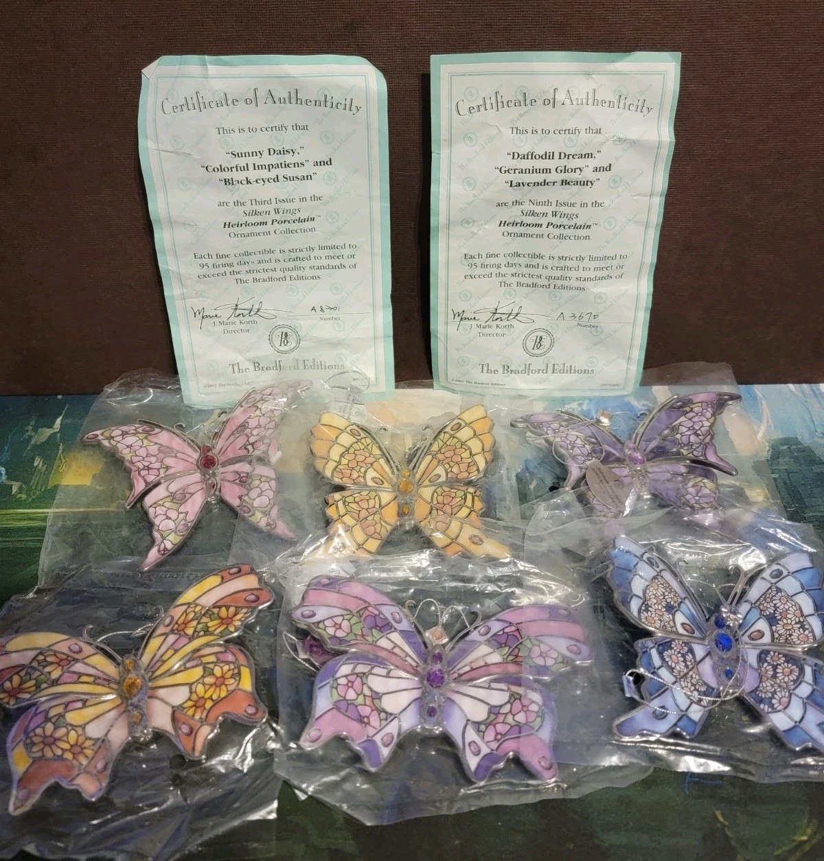 Butterfly 2002 - 2003 Bradford Editions Silken Wings Ornament Premier Lot of 6