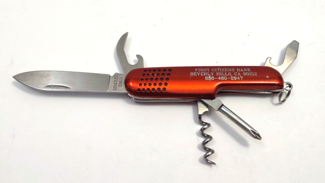 First Citizens Bank Multi Tool Pocket Knife Beverly Hills CA Red