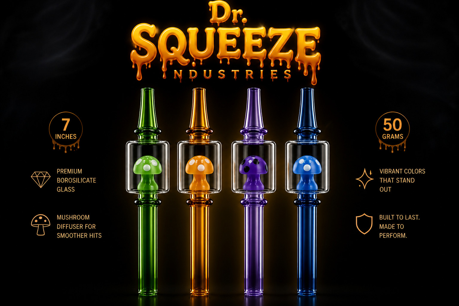 7' Magical Mushroom Chillum Borosilicate Glass Smoking Pipe
