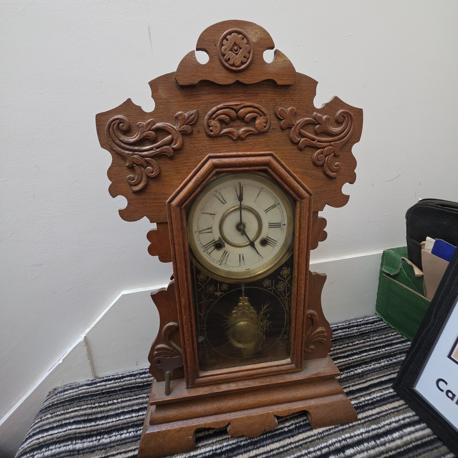 Antique Victorian Gingerbread Mantel Clock Carved Oak Mechanical Striking Key