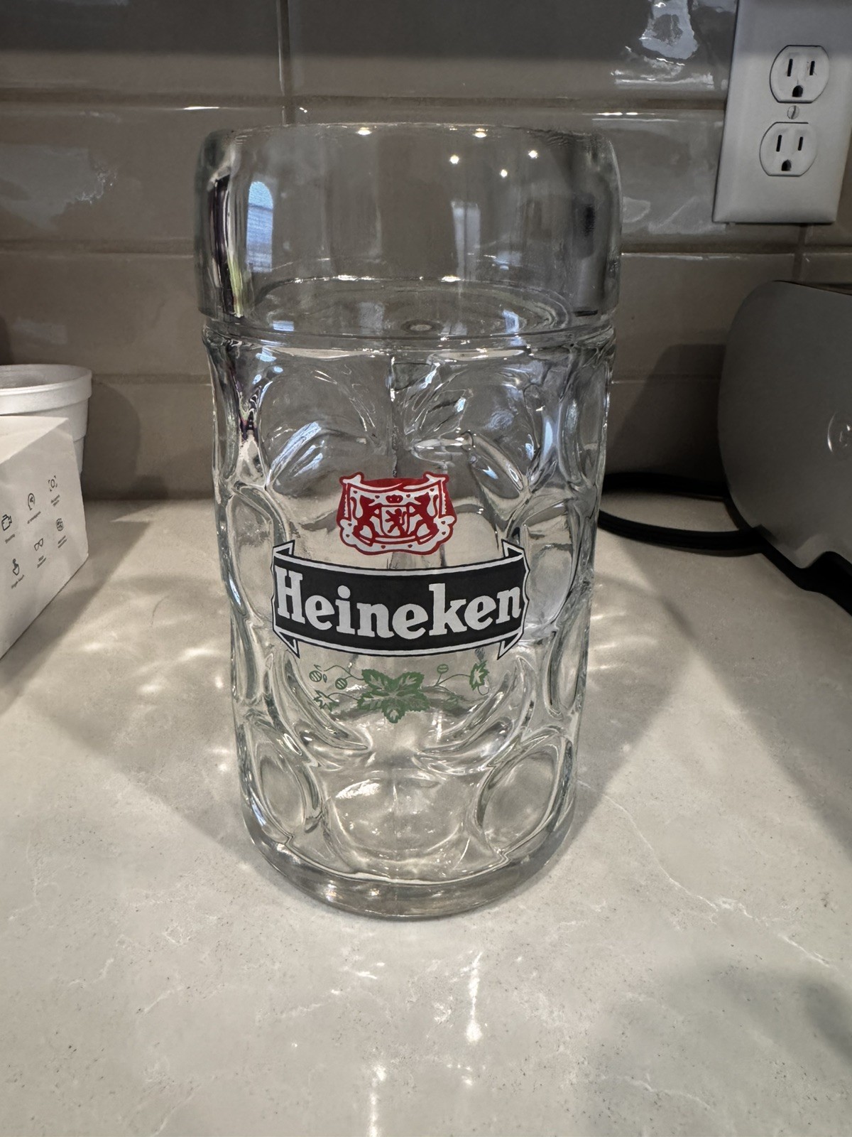Vintage Heineken 1L Beer Stein Mug 8” dimpled Glass Stölzle Austria Oktoberfest