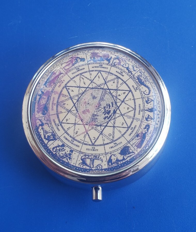 Vintage Silver Tone Zodiac / Astrology Pill Box 