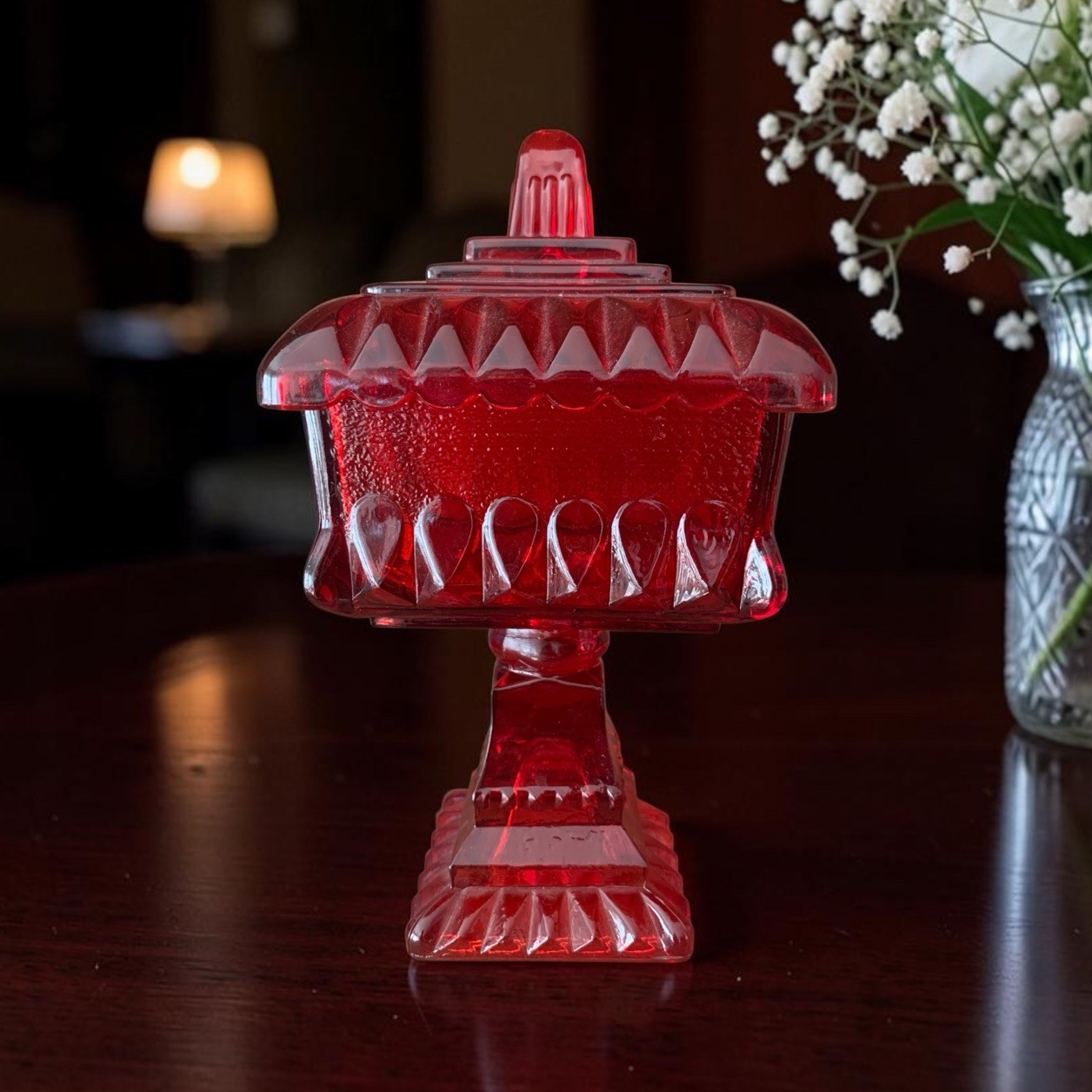 Vintage Jeanette Glass Wedding Cake Box Ruby Red Flash Glass