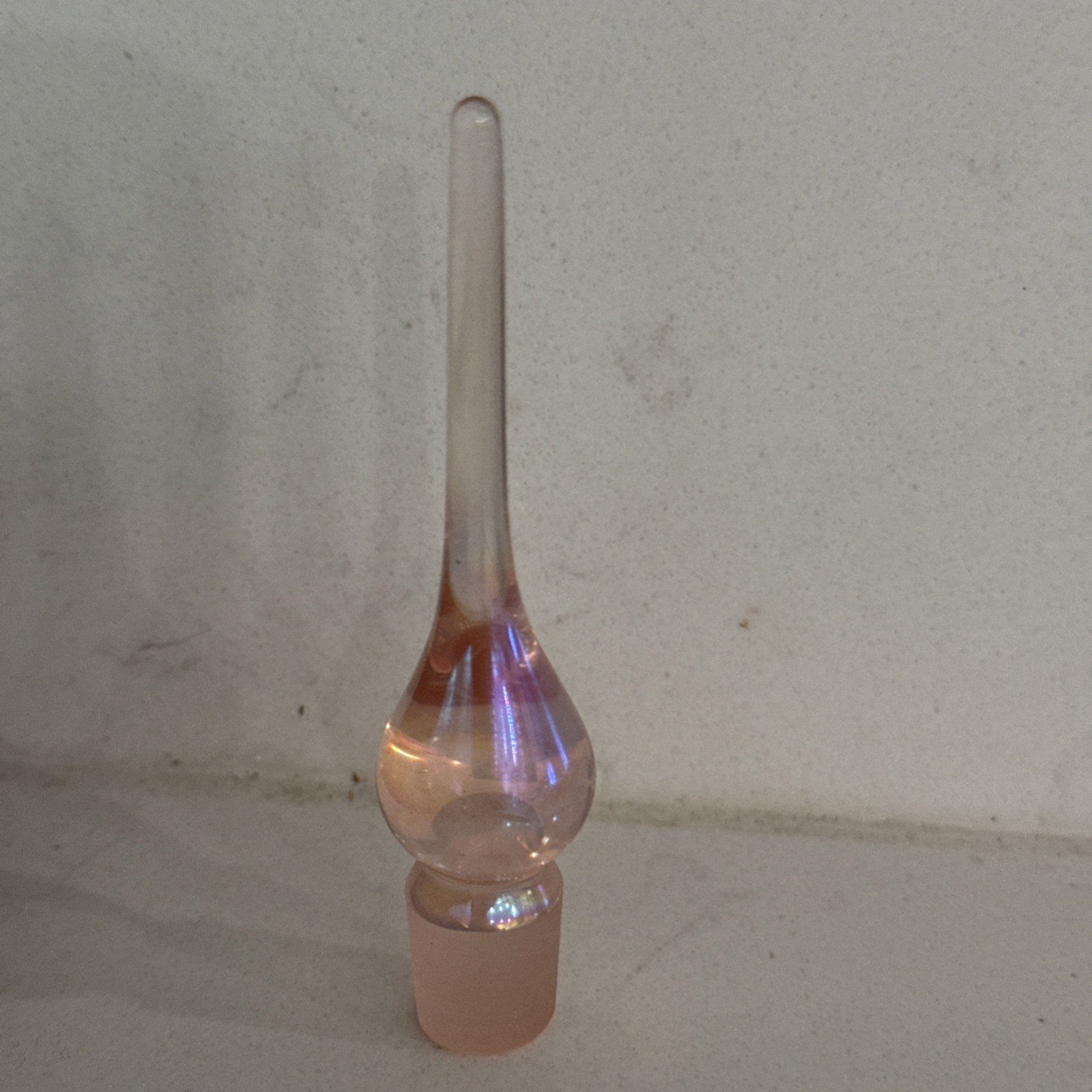 Iridescent Pink Art Glass Perfume Bottle Teardrop Stopper 0.5”Diameter Neck Size