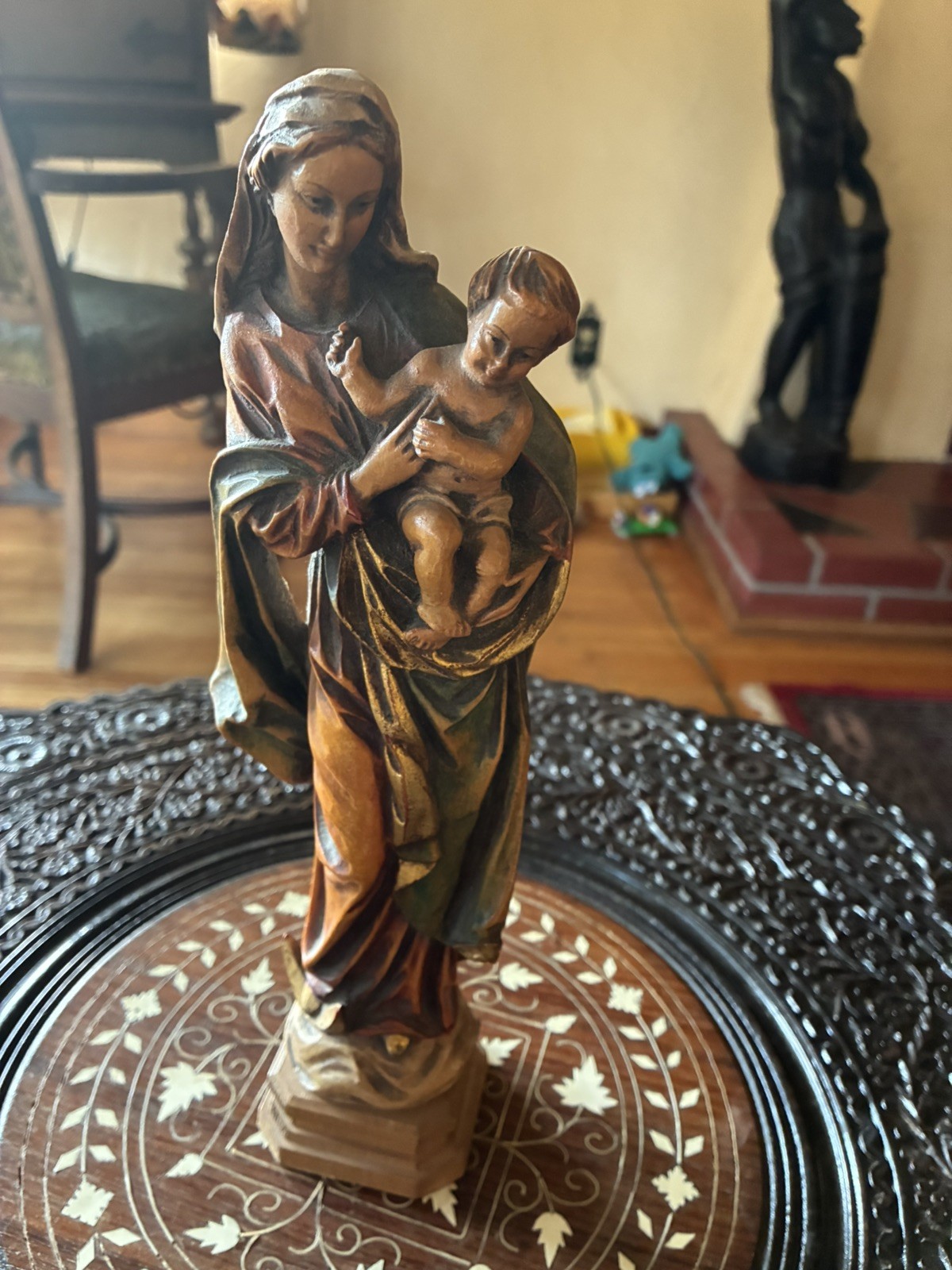 VTG ANRI 10” hand CARVED WOOD VIRGIN MARY OUR LADY JESUS STATUE FIGURE SCULPTURE