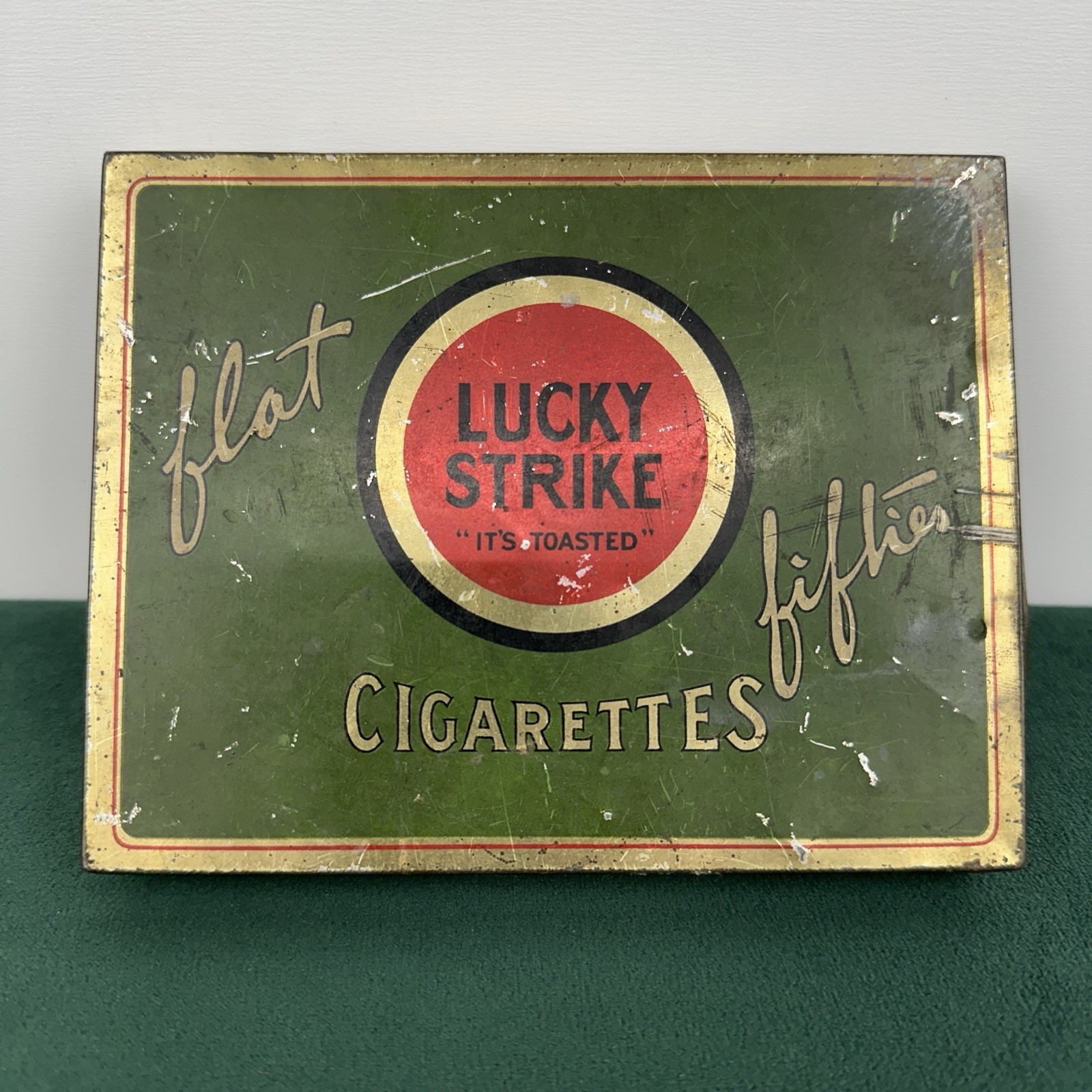 Vintage Lucky Strike Flat Fifty Cigarette Tin Green Gold It’s Toasted USA 1930’s