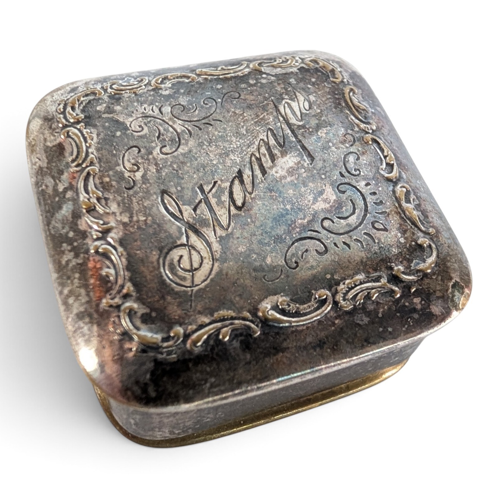 Antique Silver-Plated Brass Stamp Box Victorian Ornate Decorative Pocket Case