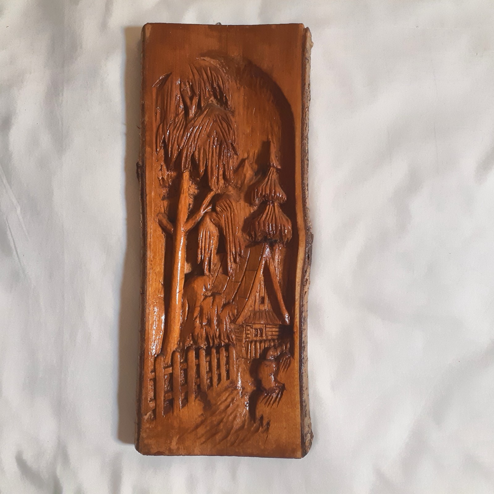 Hand-Carved Wood Relief Plaque Country House Scene Rustic Cottagecore 5.3\