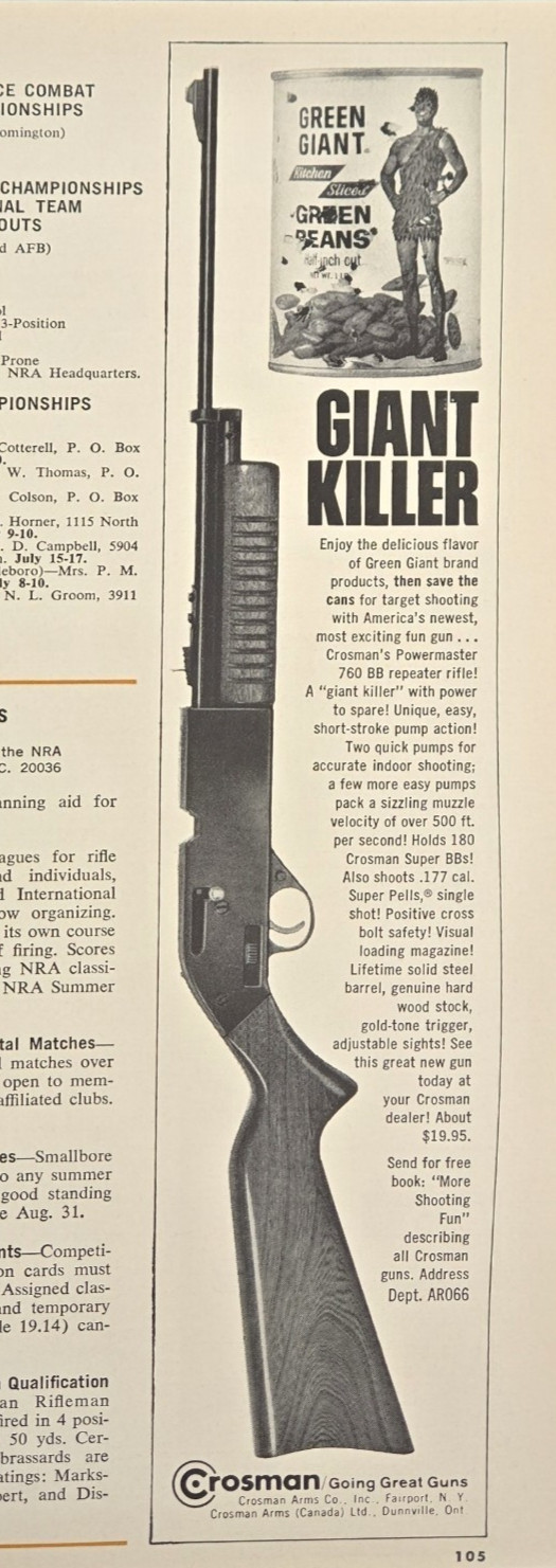 Crosman Arms 1966 Powermaster 760 BB Repeater Rifle VTG Print Ad Giant Killer Crosman Arms 1966 Powermaster 760 BB Repeater Rifle VTG Print Ad Giant Killer