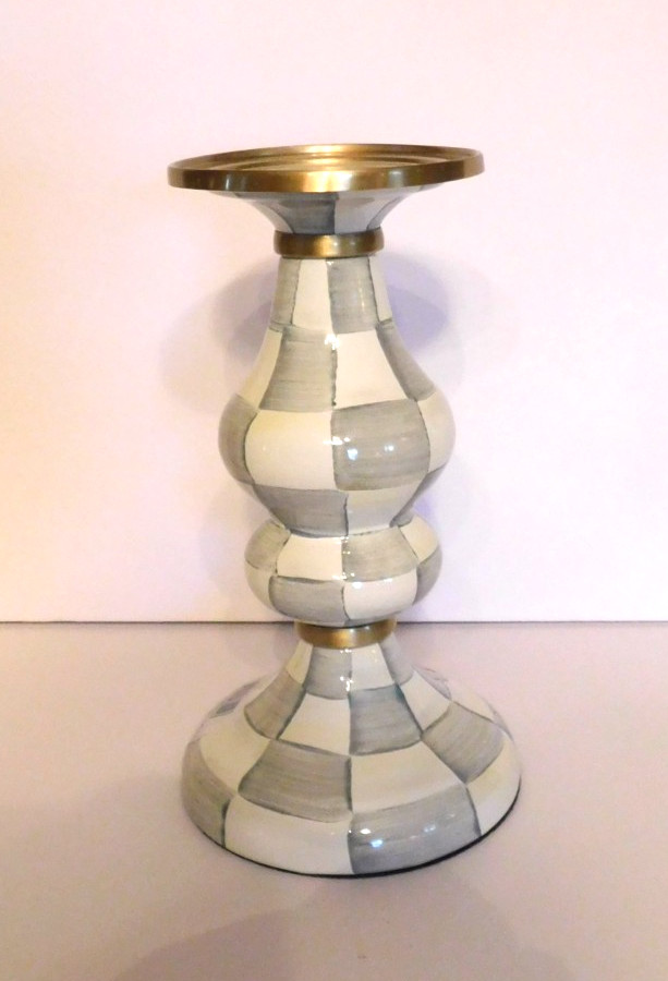 Mackenzie Childs Sterling Check Medium Pillar Candleholder, New With Stickers