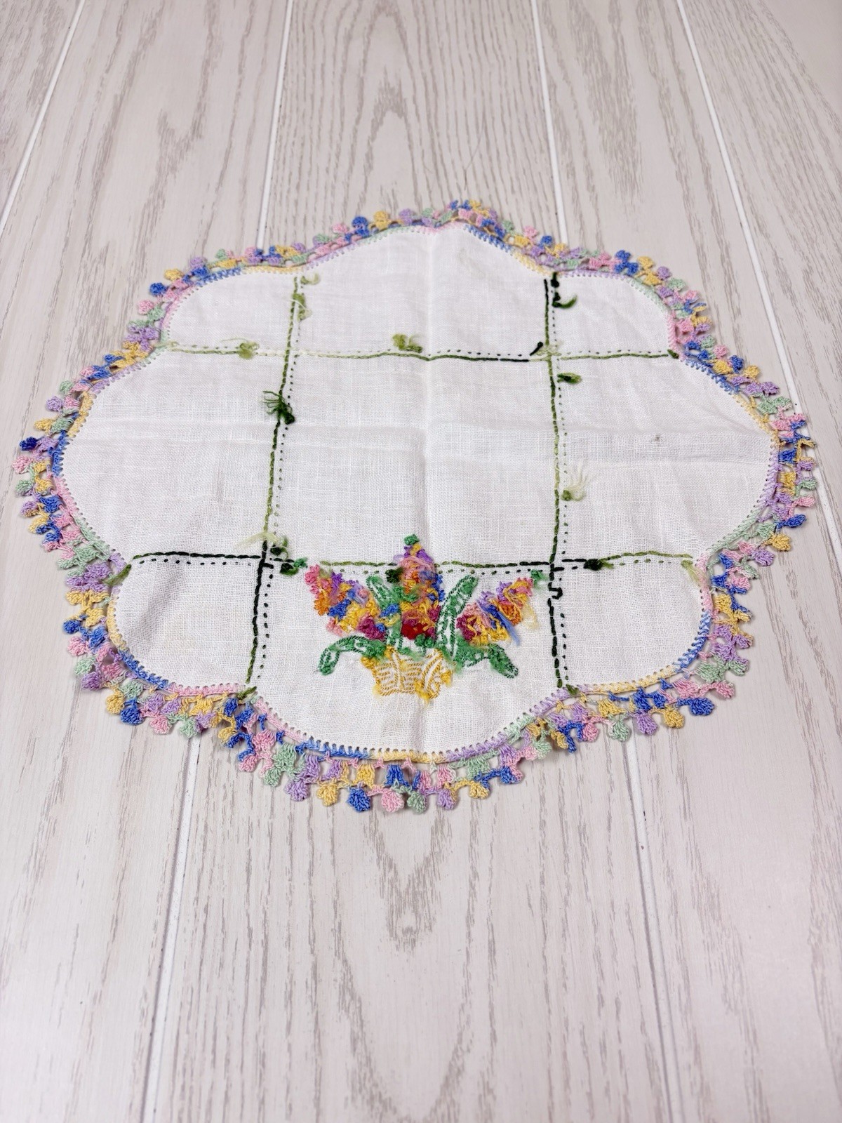 VTG Hand Embroidered Cross Stitched Floral Doily Crocheted Edge 13”x14”