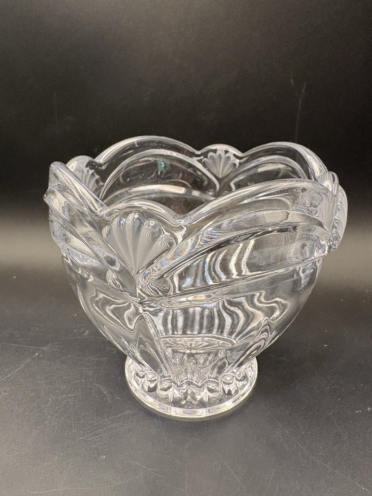 Vintage Clear Pressed Glass Pedestal Bowl Shell Pattern Candy Dish Compote 4”