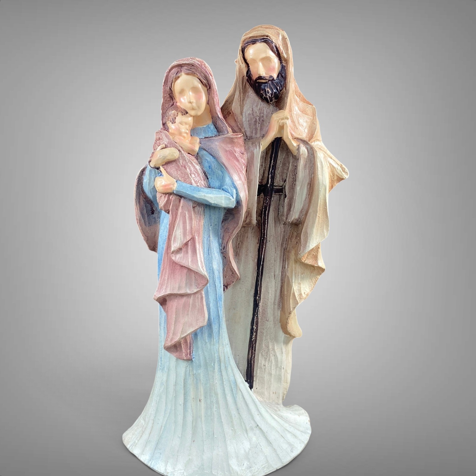 Holy Family Nativity Figurine Mary Joseph Baby Jesus Faux Wood 2000s