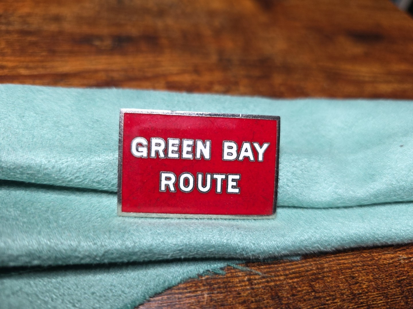 Railroad Hat-Lapel Pin/Tac- Green Bay Route. Metal With Red And Silver Trim. Railroad Hat-Lapel Pin/Tac- Green Bay Route. Metal With Red And Silver Trim.