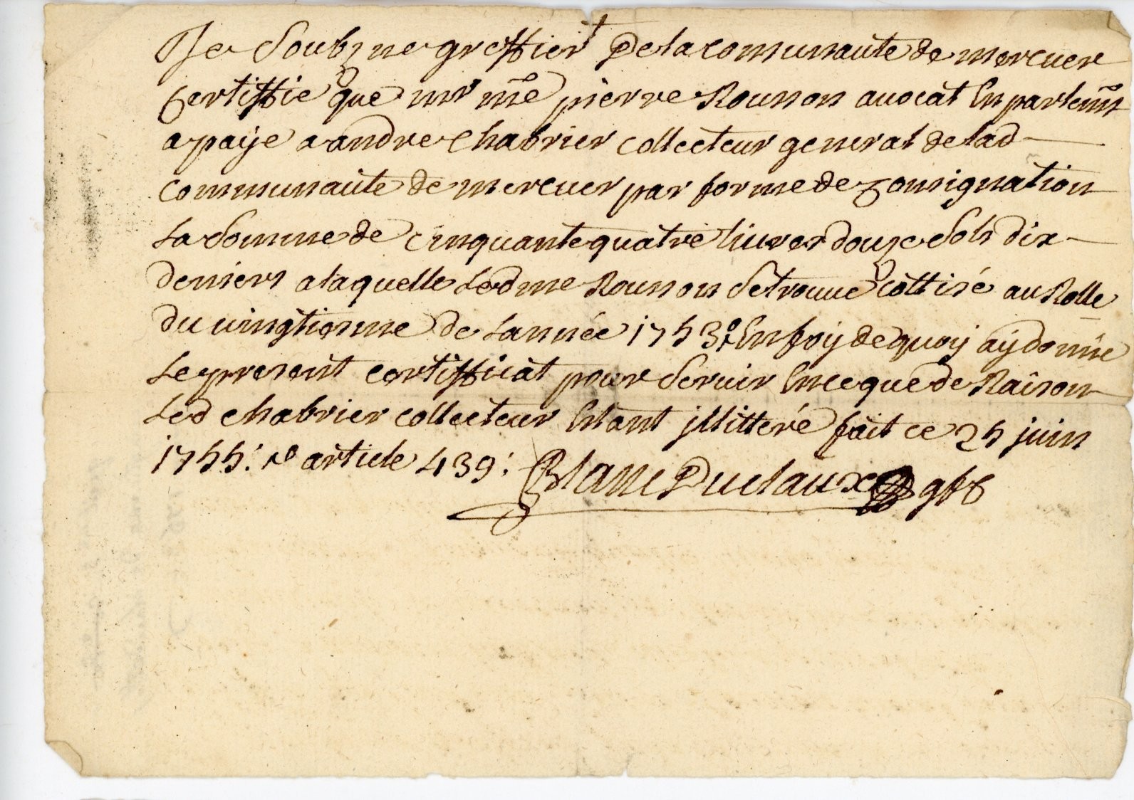 1755 French Handwritten Document Tax Receipt Mercuer 1753 Vingtième Manuscript 1755 French Handwritten Document Tax Receipt Mercuer 1753 Vingtième Manuscript