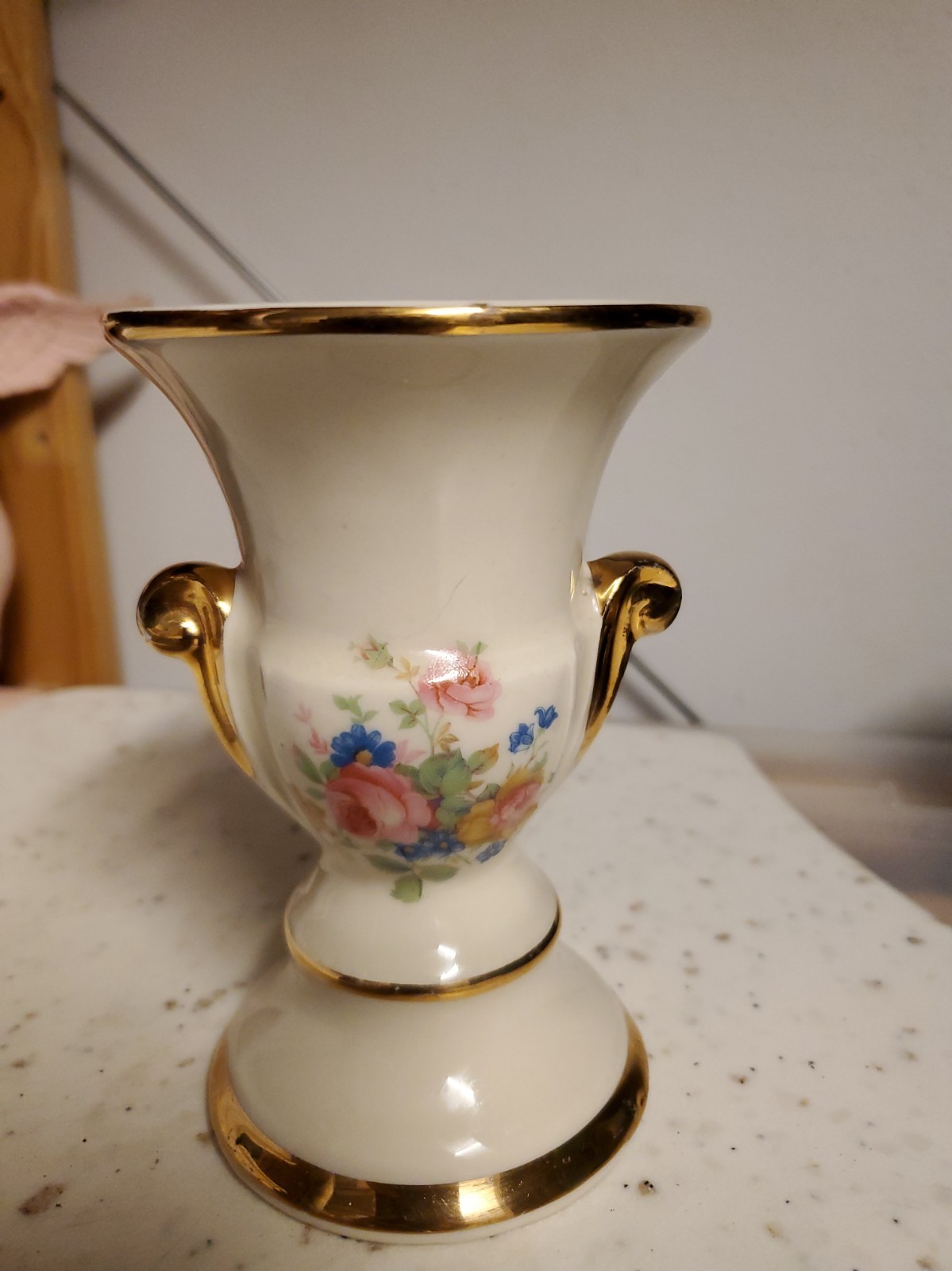 Vintage Campana Porcelain Trophy Vase Urn Yellow Pink Blue Flowers Gold Trim 