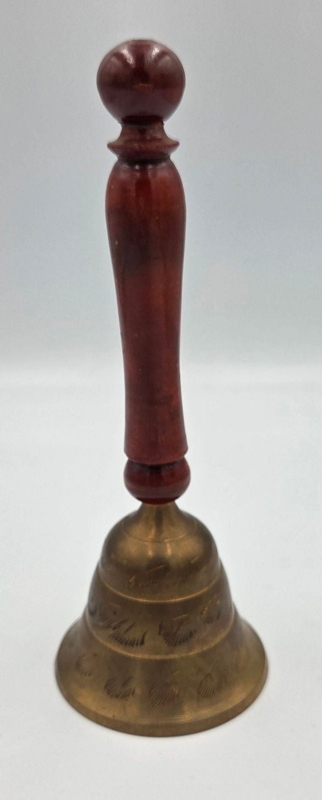 Vintage Handcrafted Brass Bell With Wooden Handle Etched India