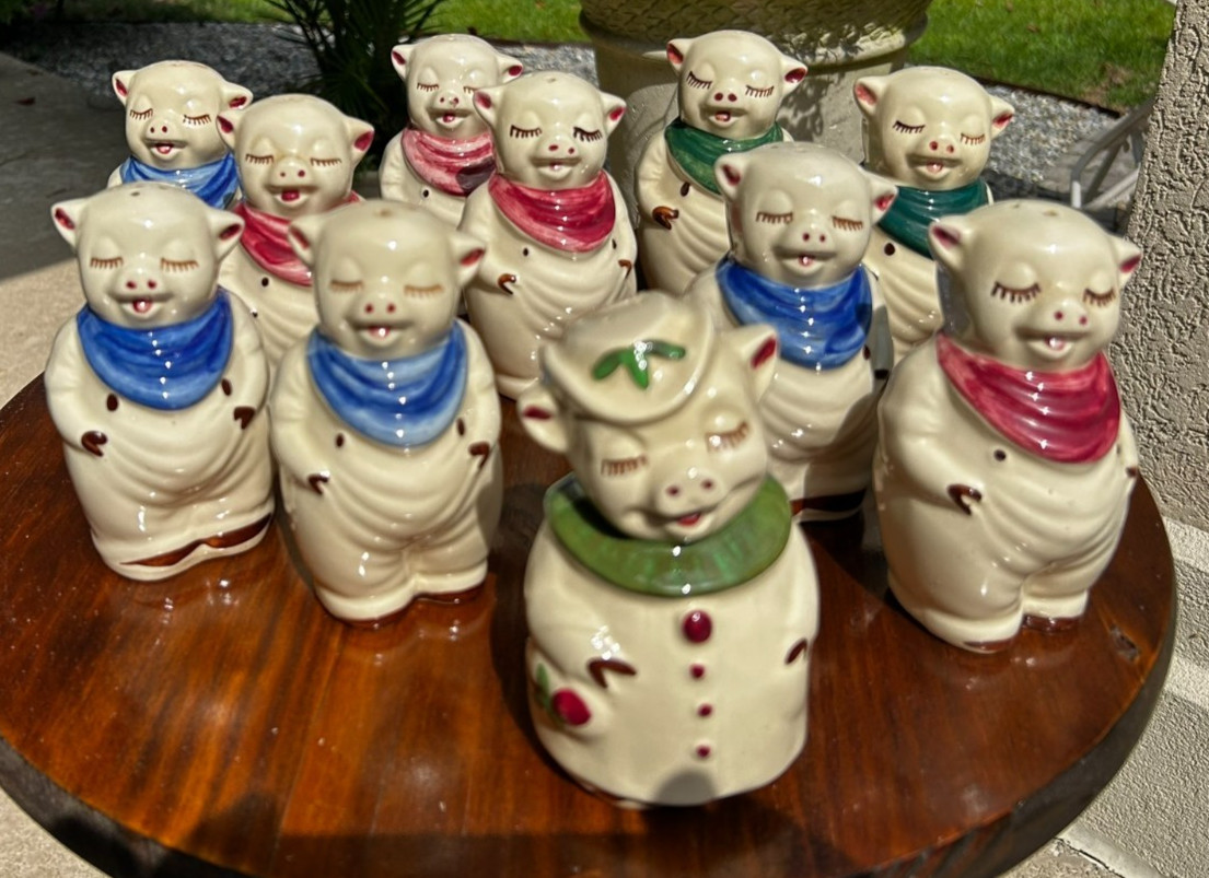 Lot of Large Vintage Shawnee Smiley & Winnie Pig Salt Pepper Shakers, 11 pieces