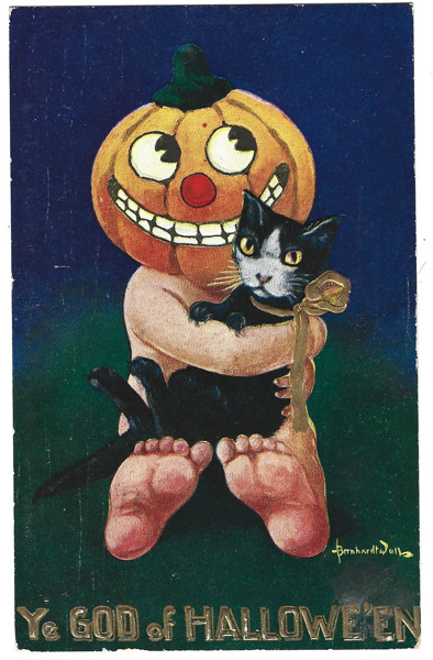1909 Bernhardt Wall Halloween Postcard 143 Creepy Pumpkin Man Blk Cat Posted