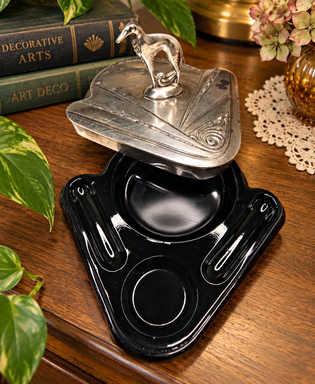 1930s Weidlich Brothers Silverplate Dog Trinket Box Black Glass Vanity Dish 684