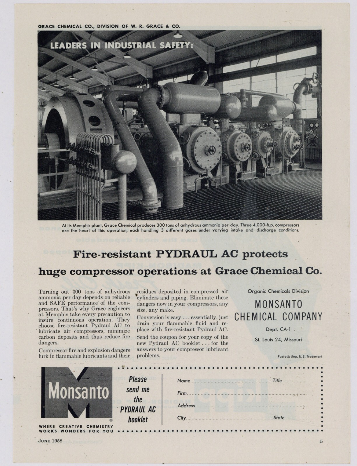 1948 Monsanto Chemical Ad: Grace Chemical of Memphis - Compressor Room Picture