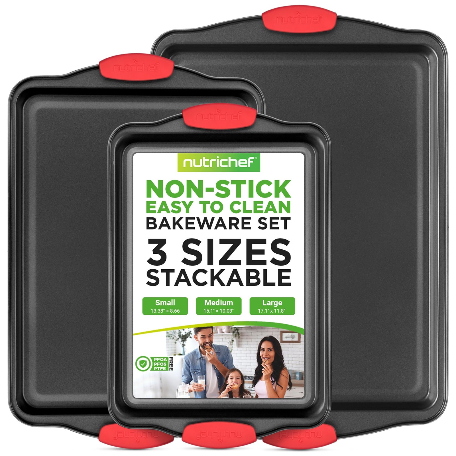 NutriChef 3‑Piece Nonstick Cookie Sheets – Carbon Steel 3-Piece Set, Black