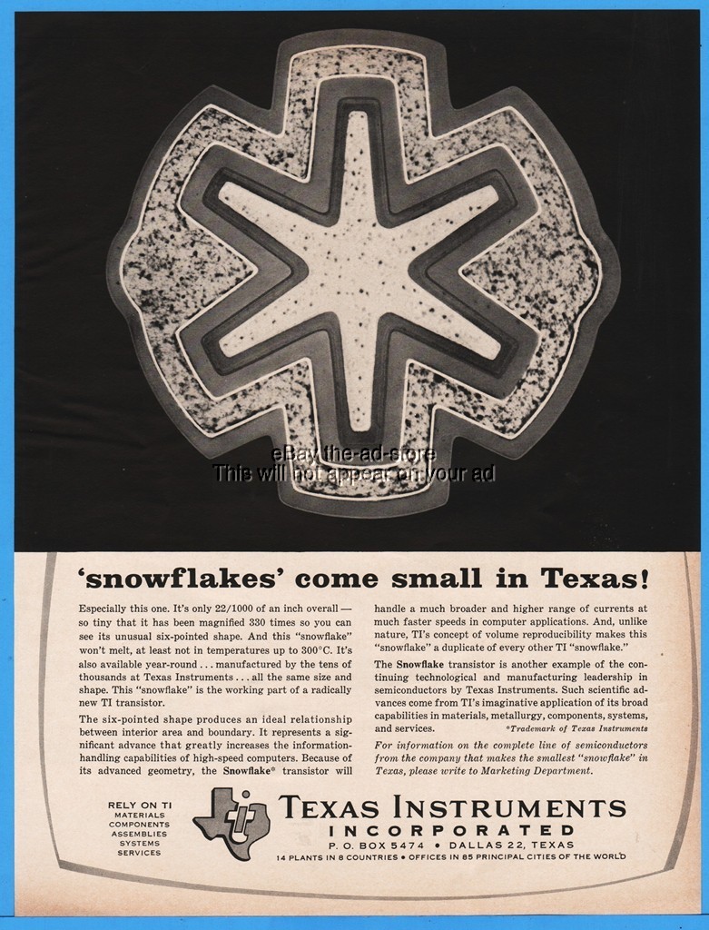 1962 Texas Instrument Semiconductor Dallas TX Snowflakes Come Small In Texas Ad