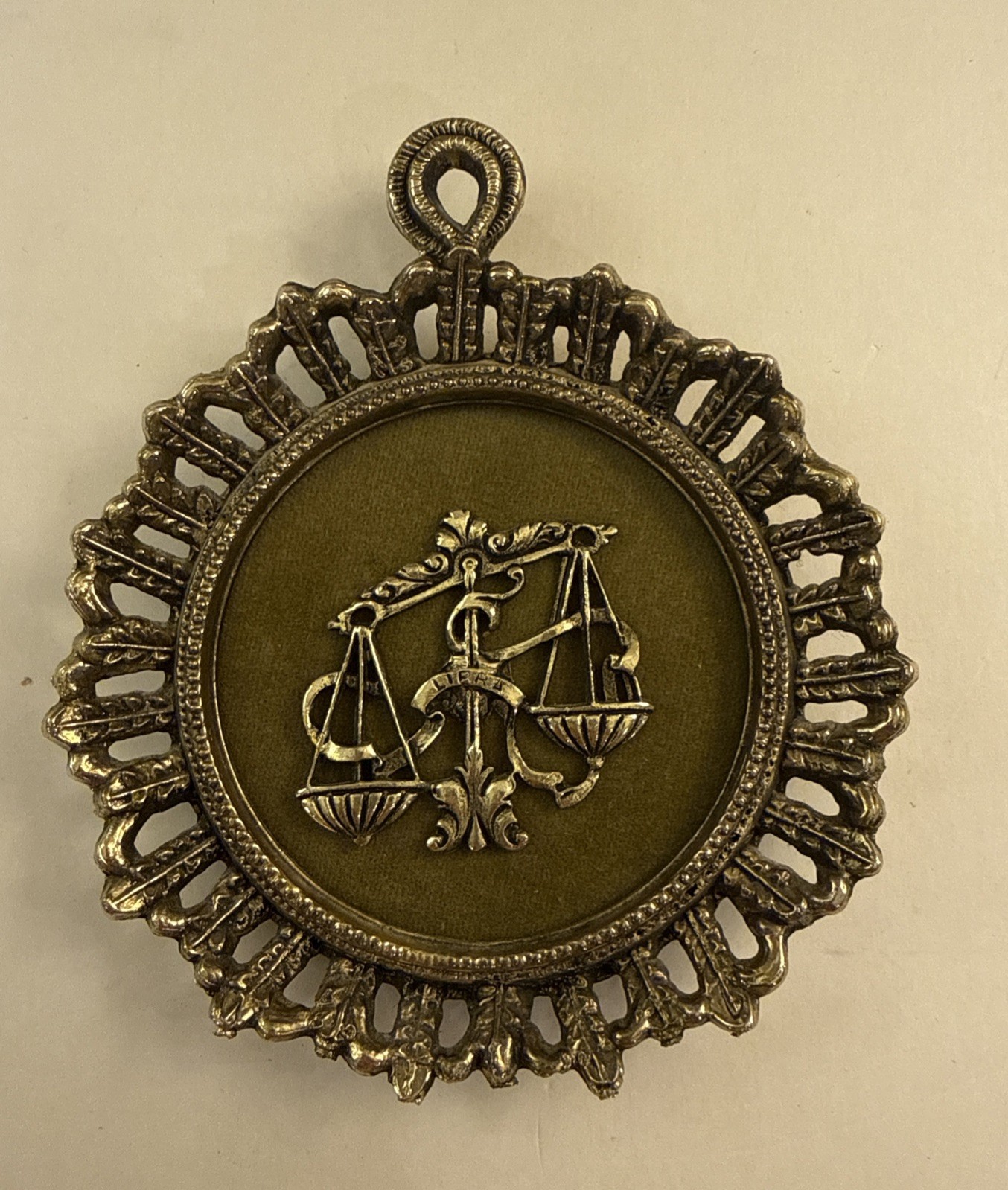 Vintage 1960s-70s Zodiac Sign Libra Brass Green Velvet Wall Hanging 4 In