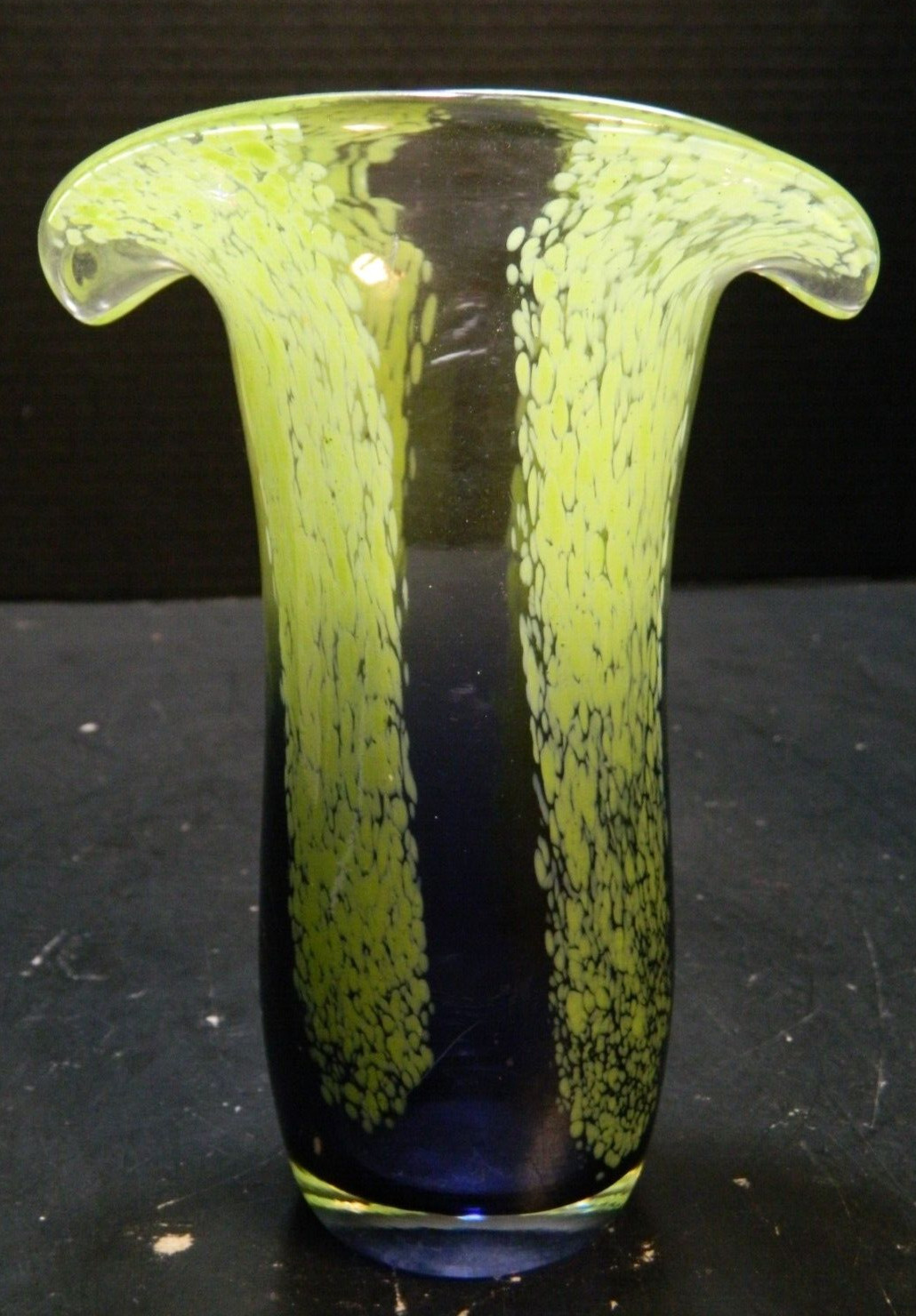 Hand Blown Green Spatter Striped Blue Art Glass Vase 7.75 Hand Blown Green Spatter Striped Blue Art Glass Vase 7.75