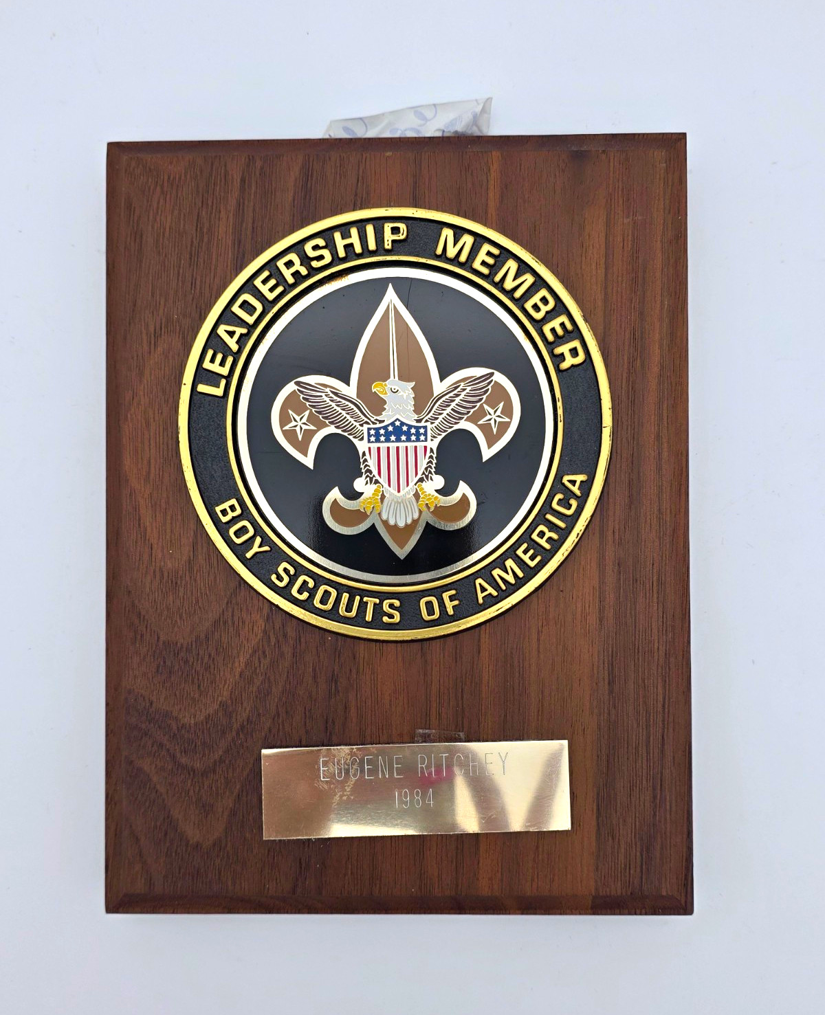 Vintage 1984 Boy Scouts of America BSA Leadership Member Walnut Plaque Award