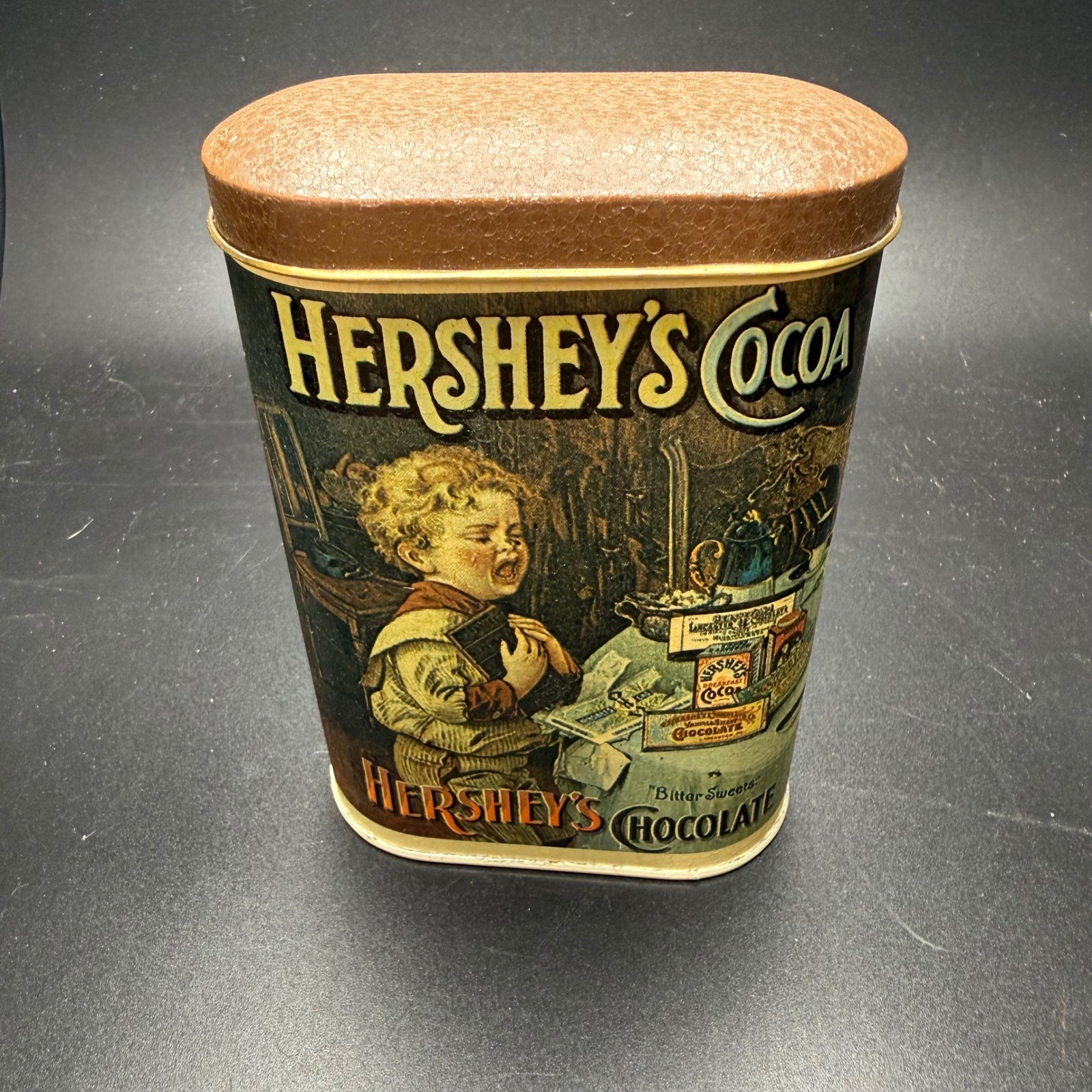 Vintage 1984 Hershey\'s Cocoa Collectible Tin Made in England Oval Child Graphic